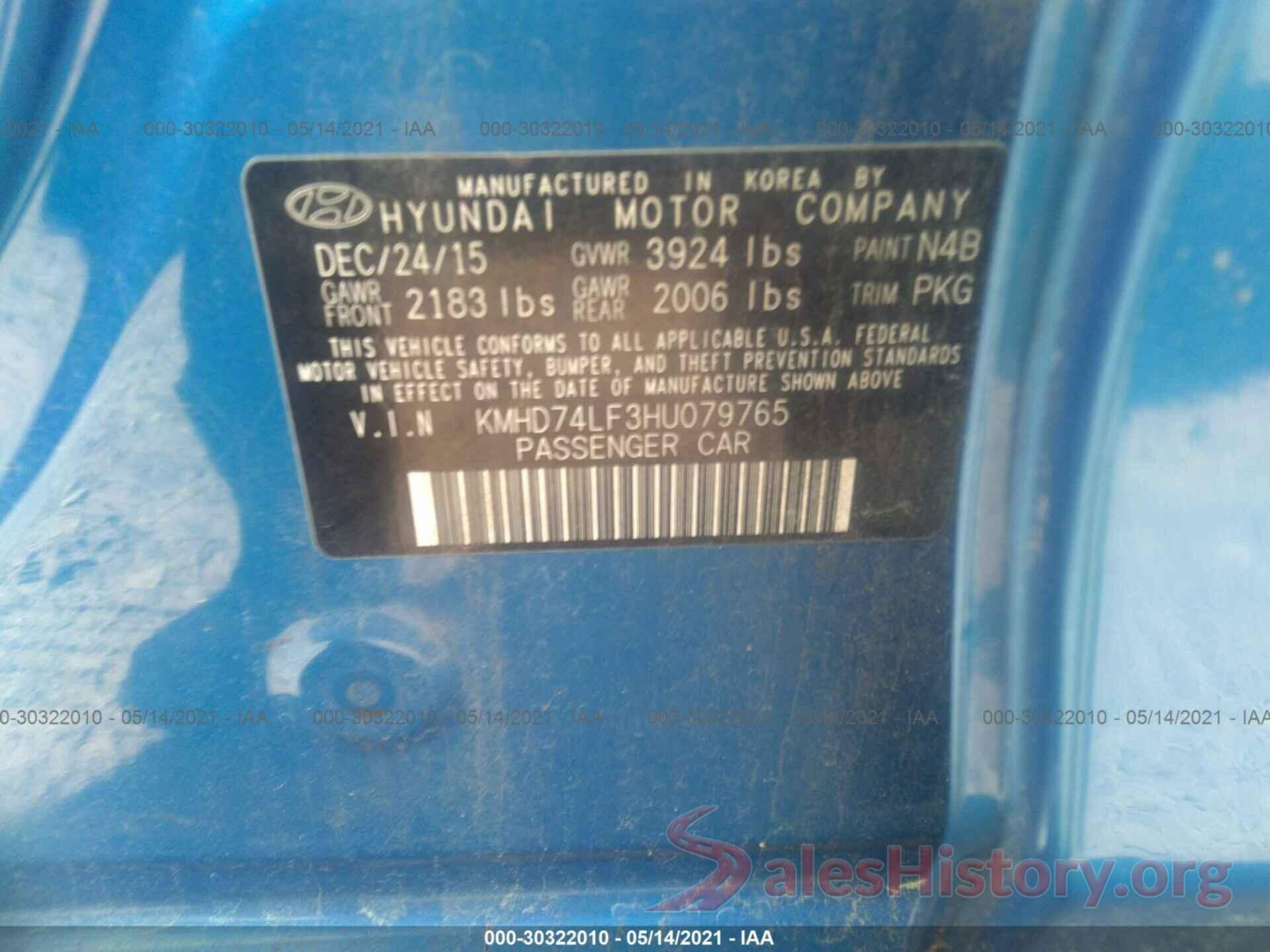 KMHD74LF3HU079765 2017 HYUNDAI ELANTRA