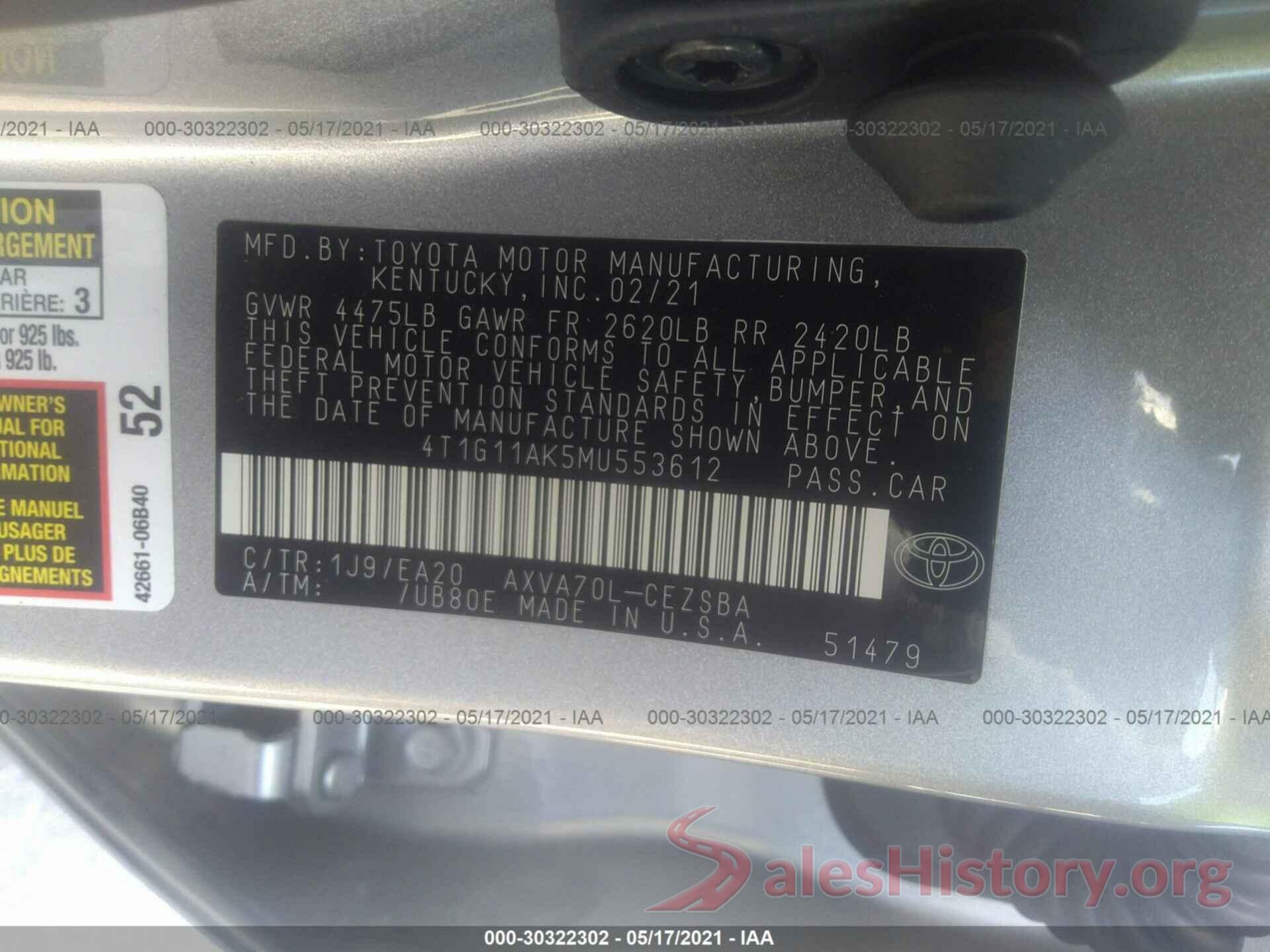 4T1G11AK5MU553612 2021 TOYOTA CAMRY