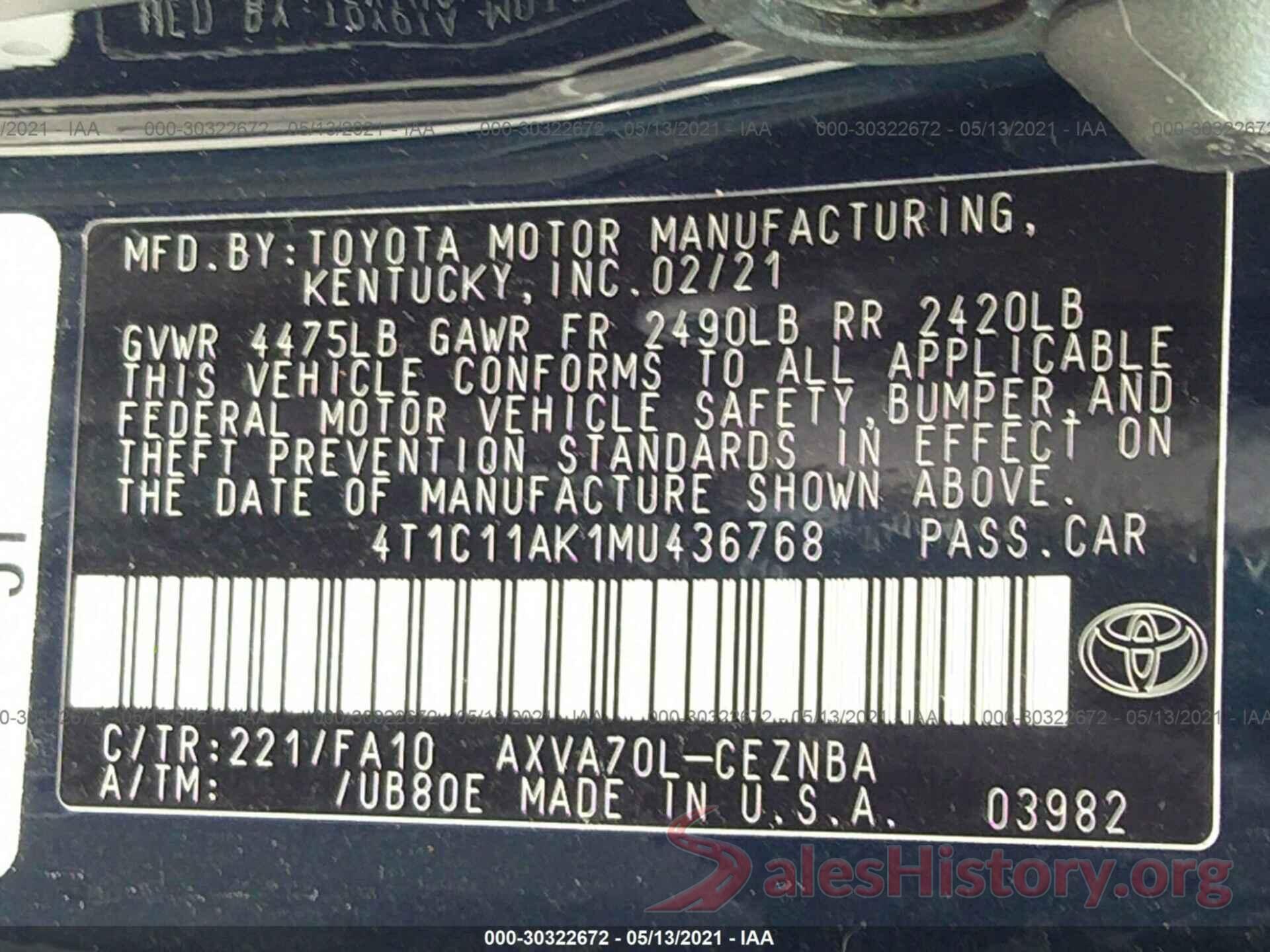 4T1C11AK1MU436768 2021 TOYOTA CAMRY