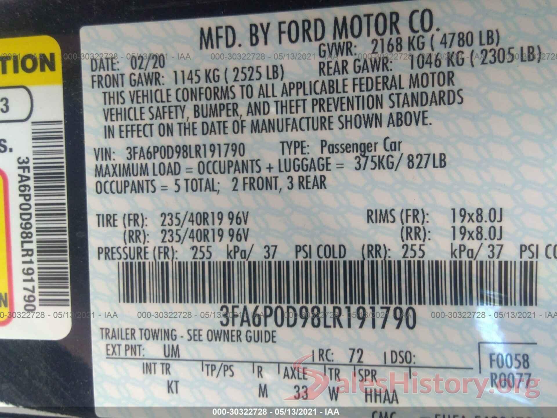 3FA6P0D98LR191790 2020 FORD FUSION