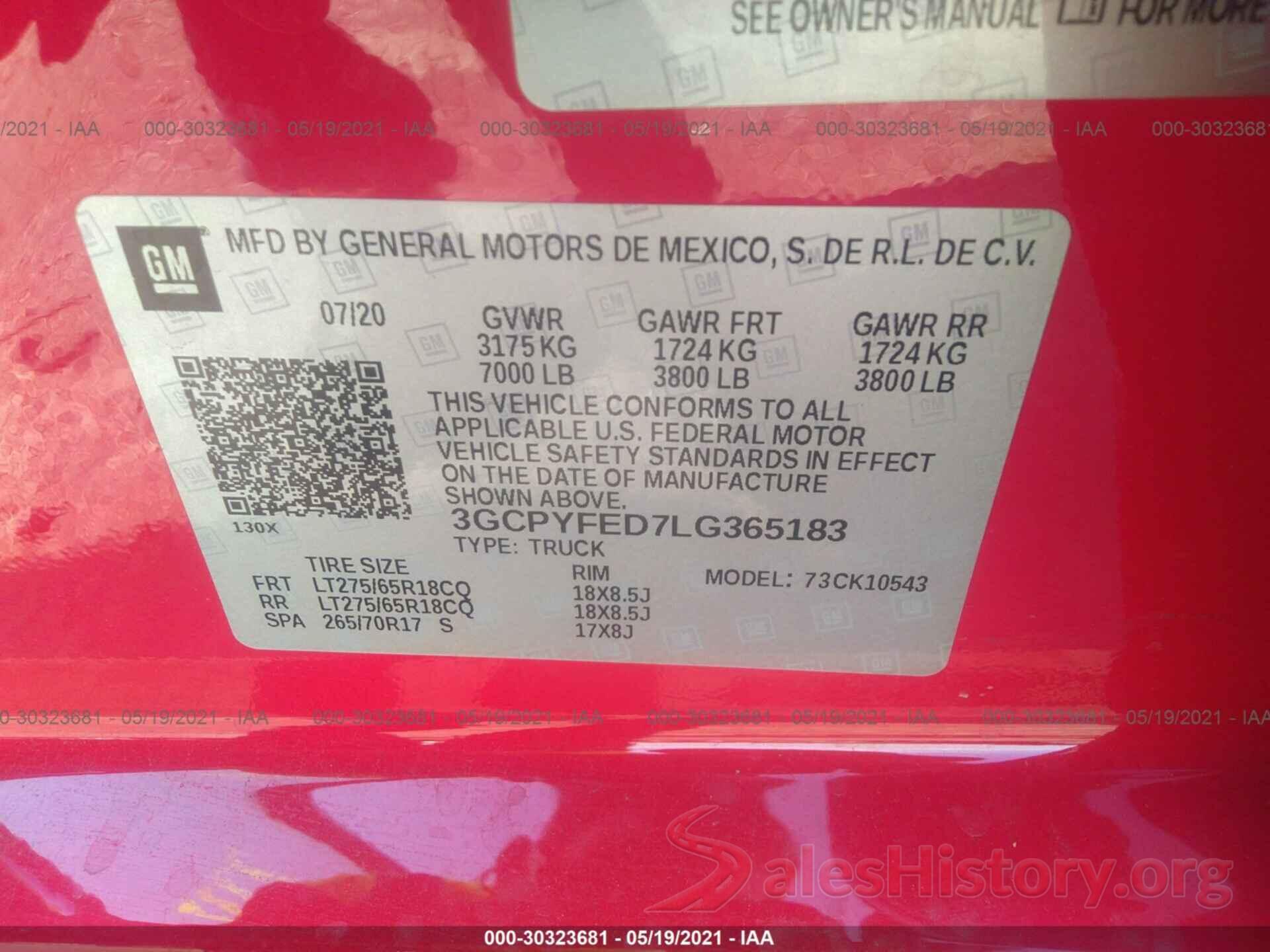 3GCPYFED7LG365183 2020 CHEVROLET SILVERADO 1500