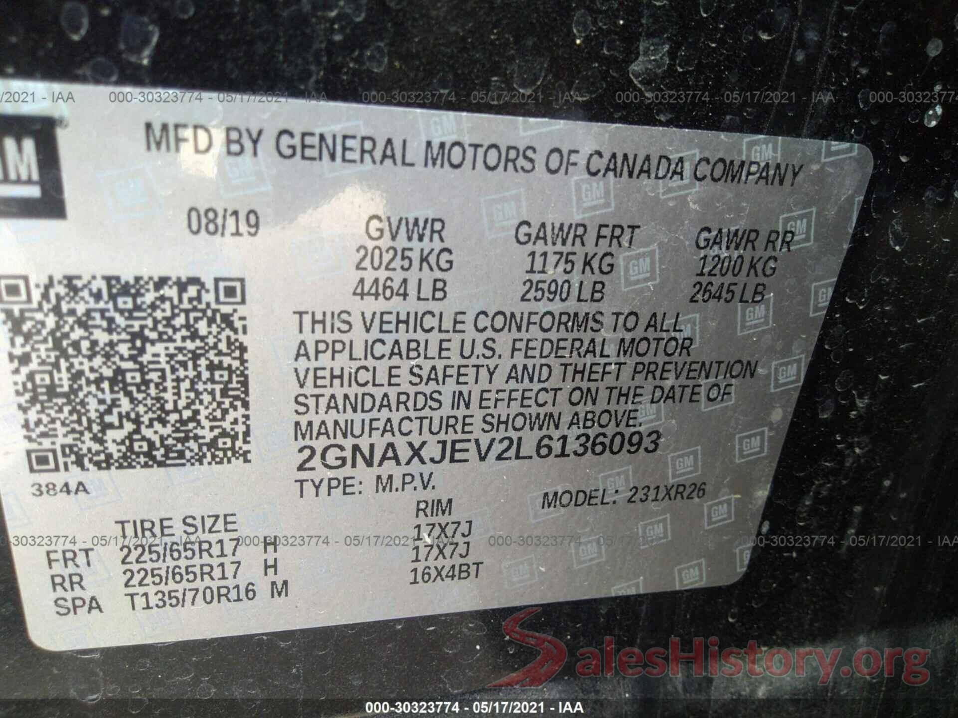 2GNAXJEV2L6136093 2020 CHEVROLET EQUINOX