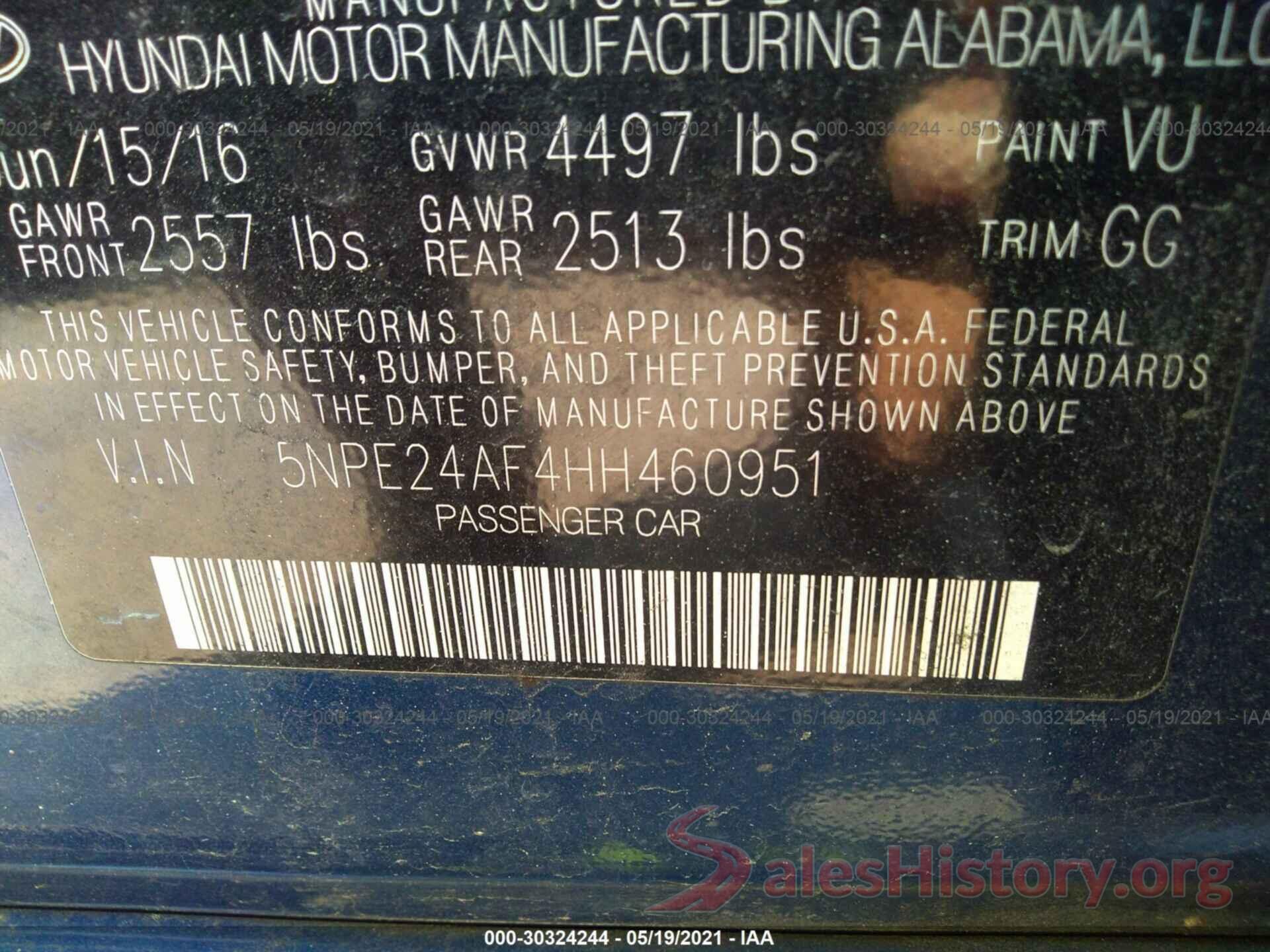 5NPE24AF4HH460951 2017 HYUNDAI SONATA