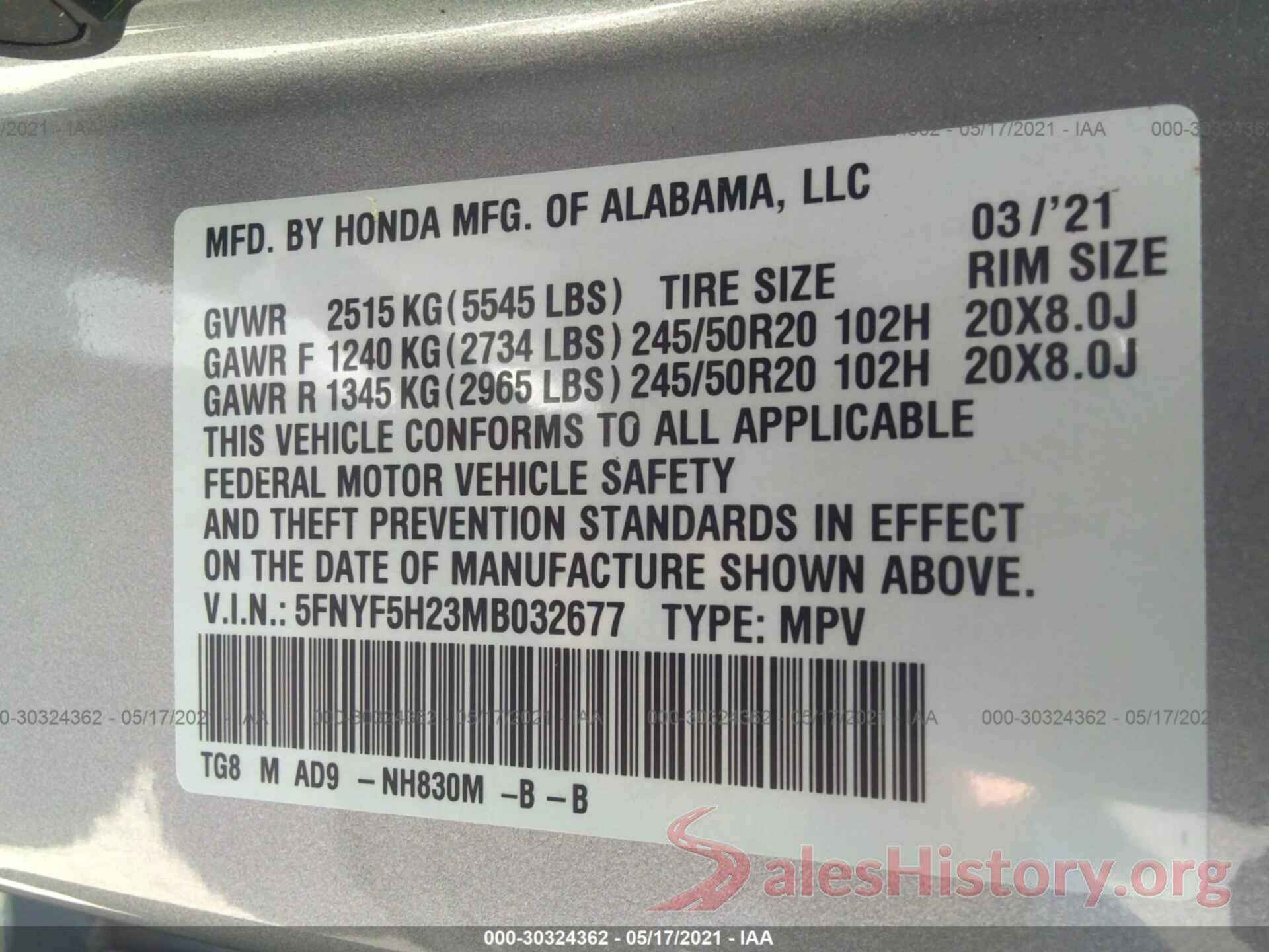 5FNYF5H23MB032677 2021 HONDA PILOT