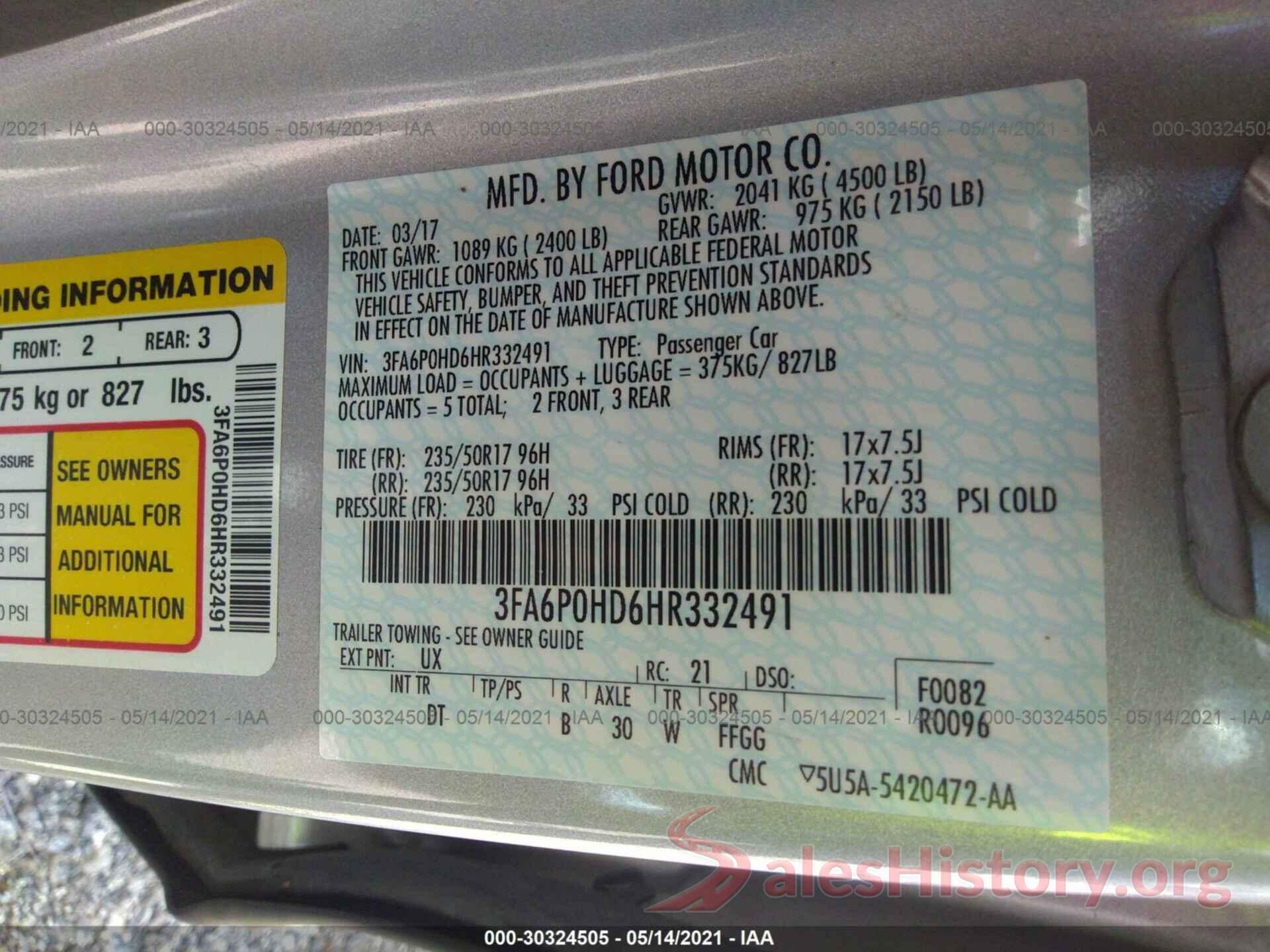 3FA6P0HD6HR332491 2017 FORD FUSION