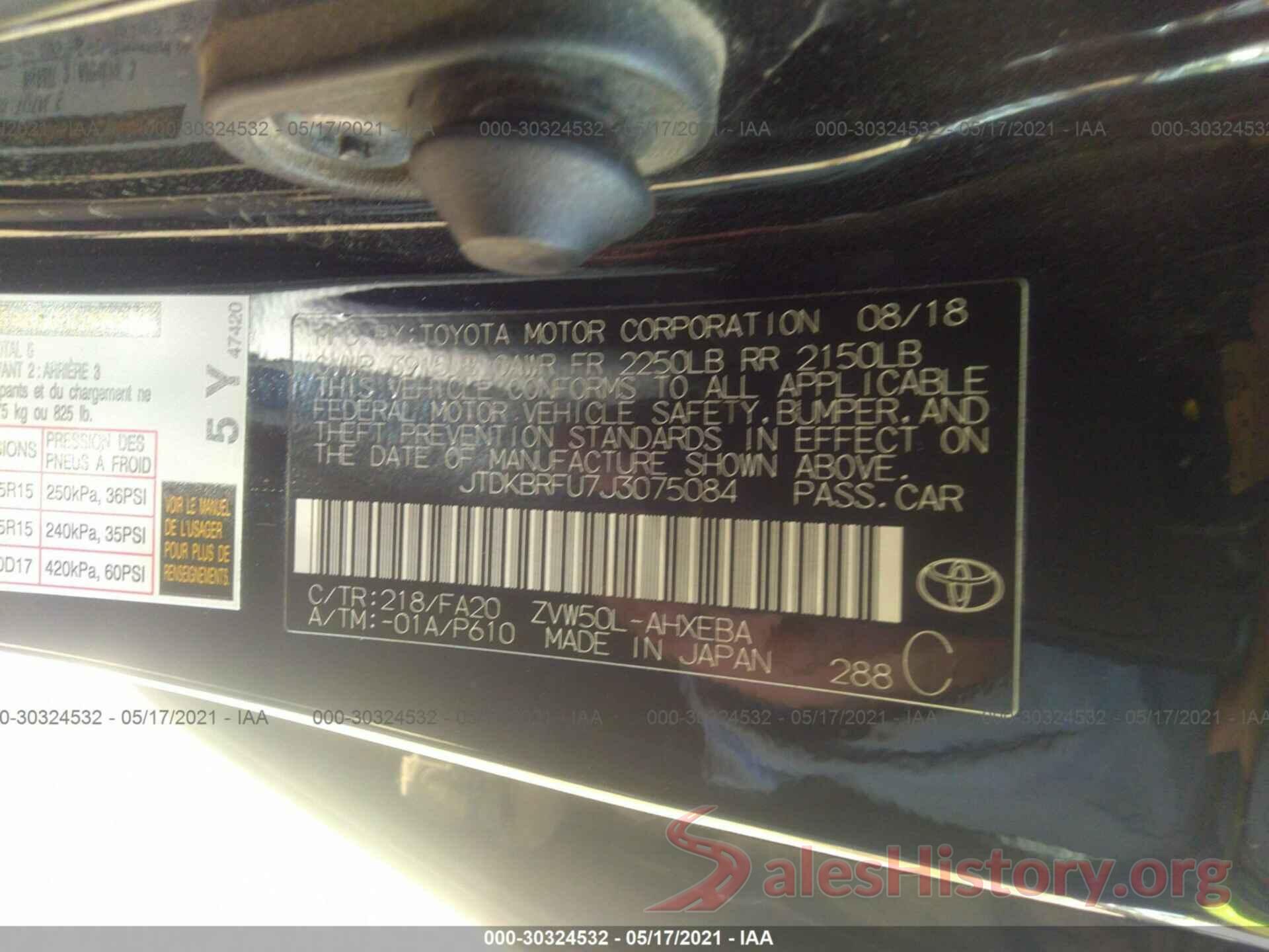 JTDKBRFU7J3075084 2018 TOYOTA PRIUS