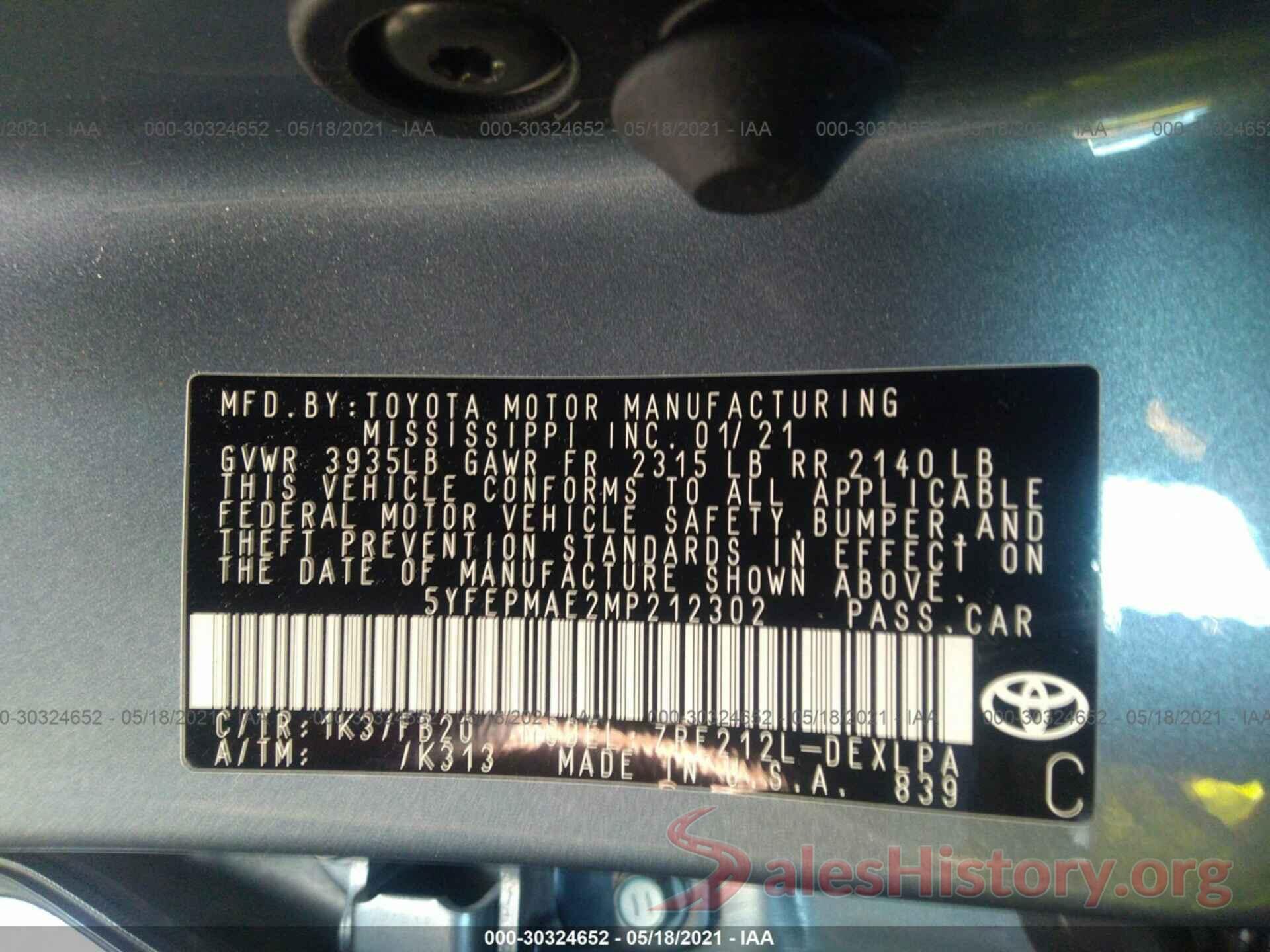 5YFEPMAE2MP212302 2021 TOYOTA COROLLA