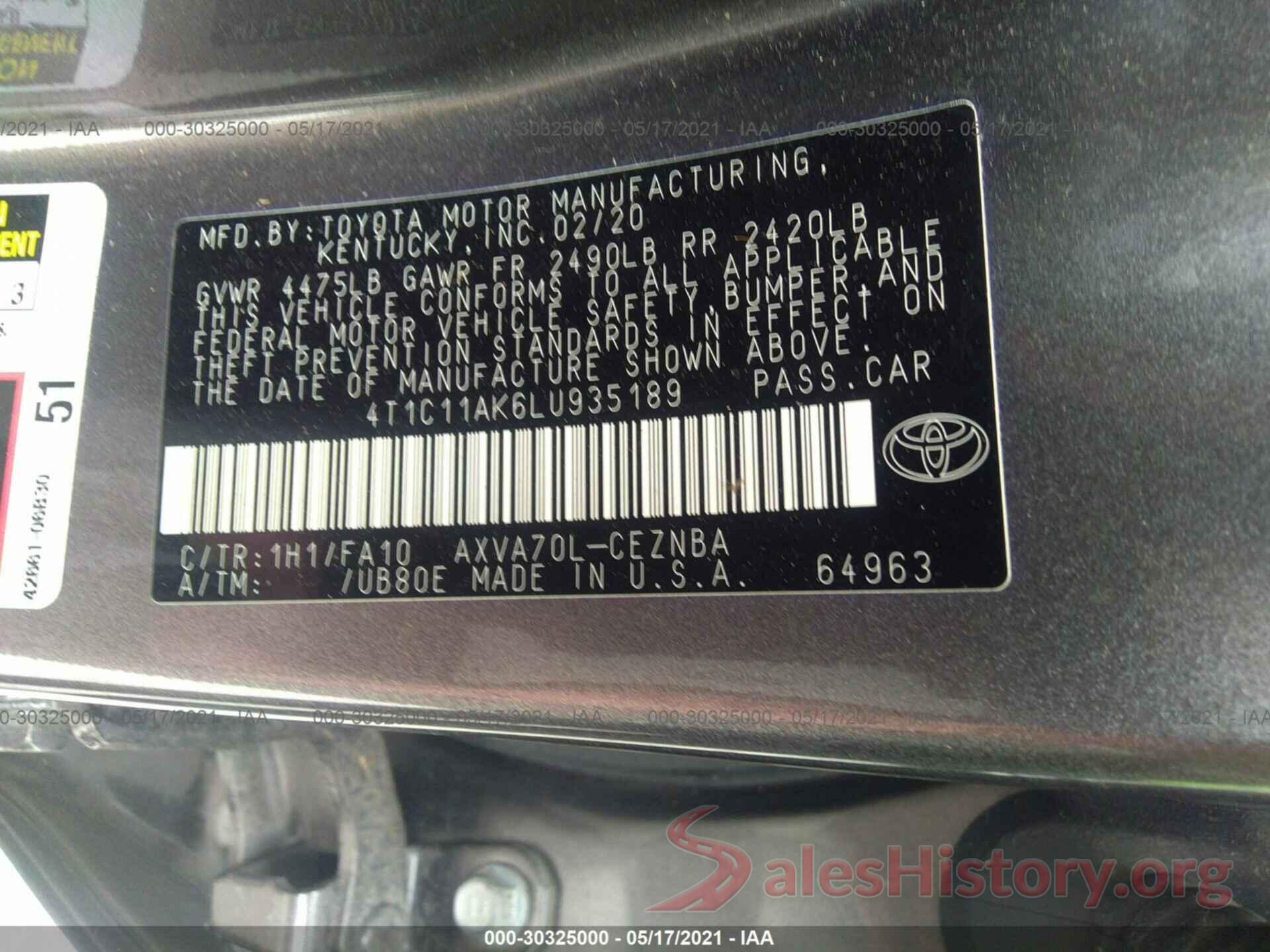 4T1C11AK6LU935189 2020 TOYOTA CAMRY