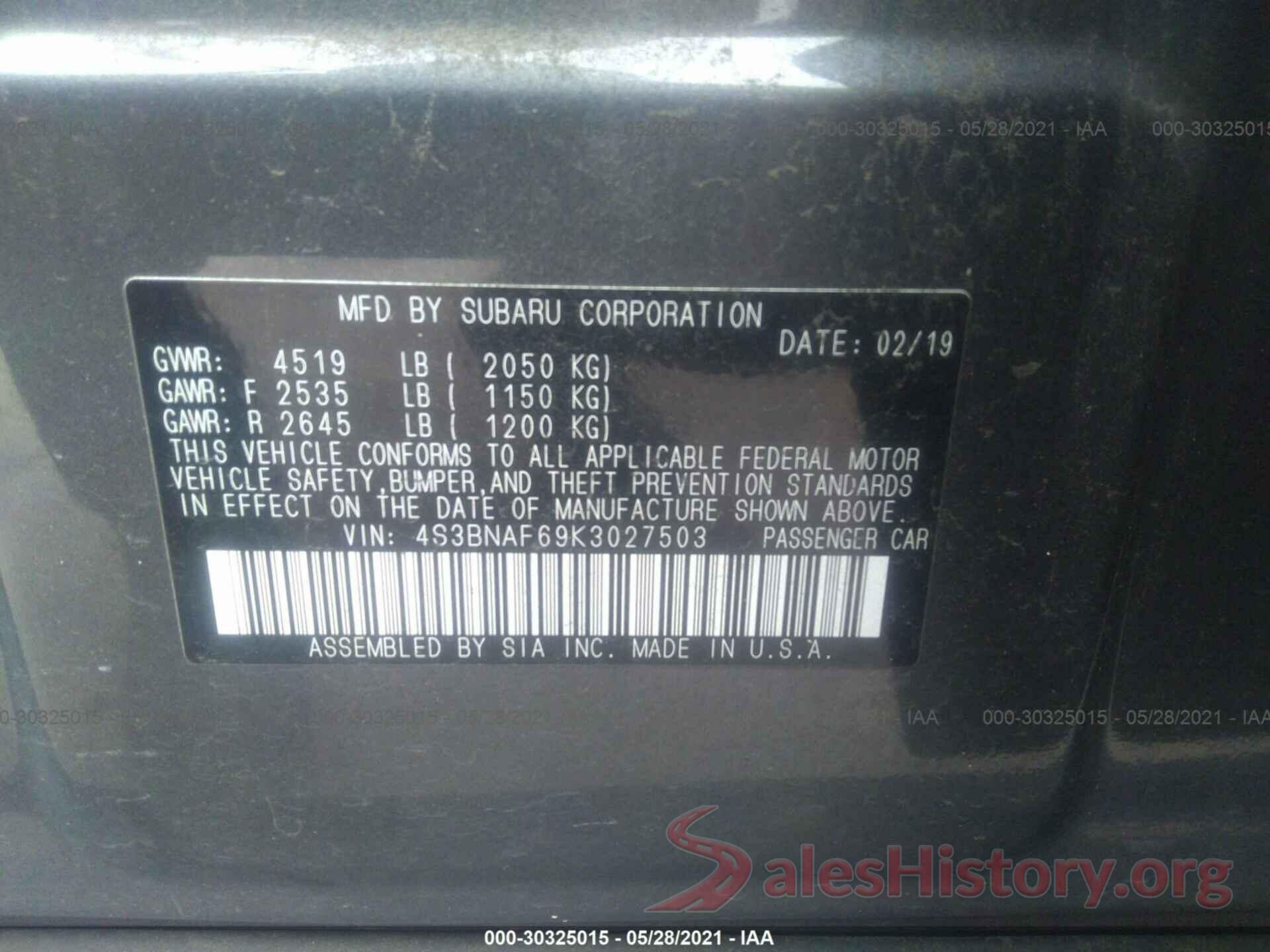 4S3BNAF69K3027503 2019 SUBARU LEGACY