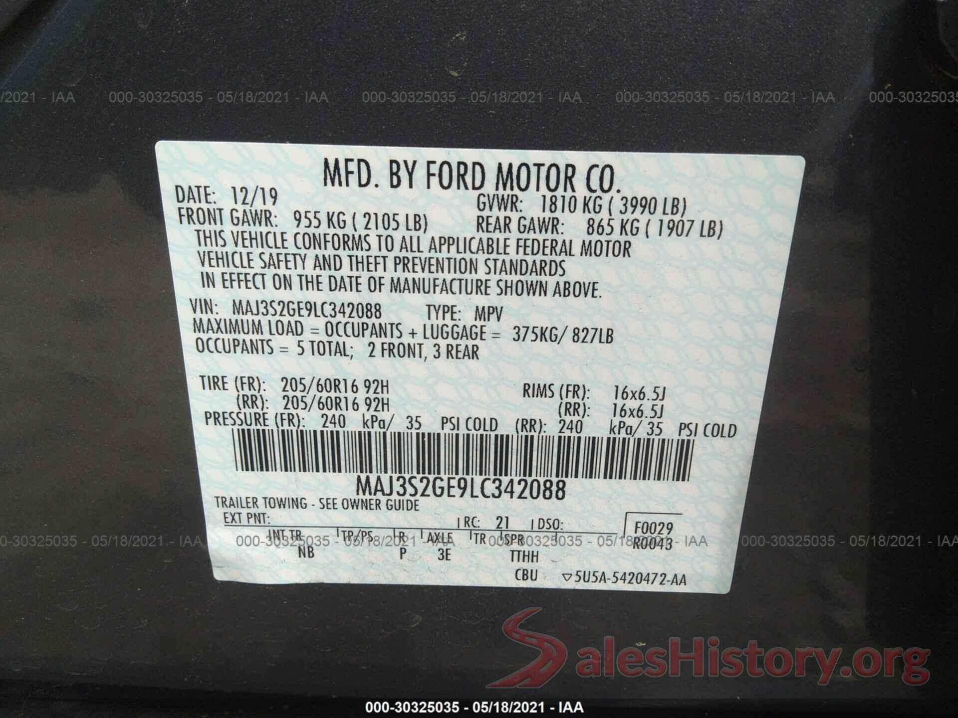 MAJ3S2GE9LC342088 2020 FORD ECOSPORT