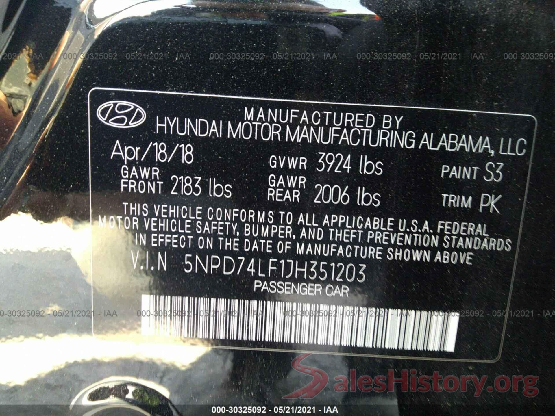 5NPD74LF1JH351203 2018 HYUNDAI ELANTRA