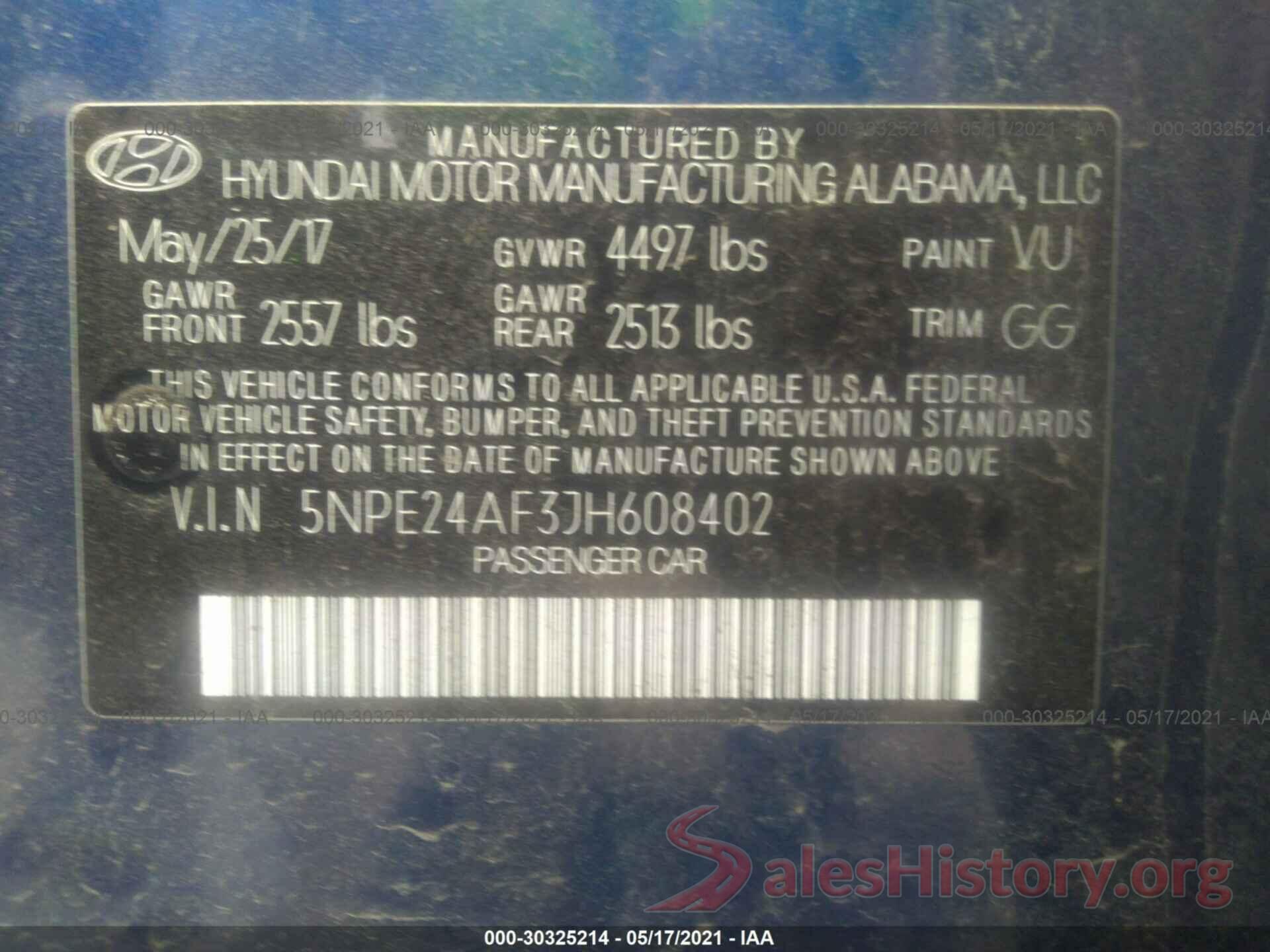 5NPE24AF3JH608402 2018 HYUNDAI SONATA