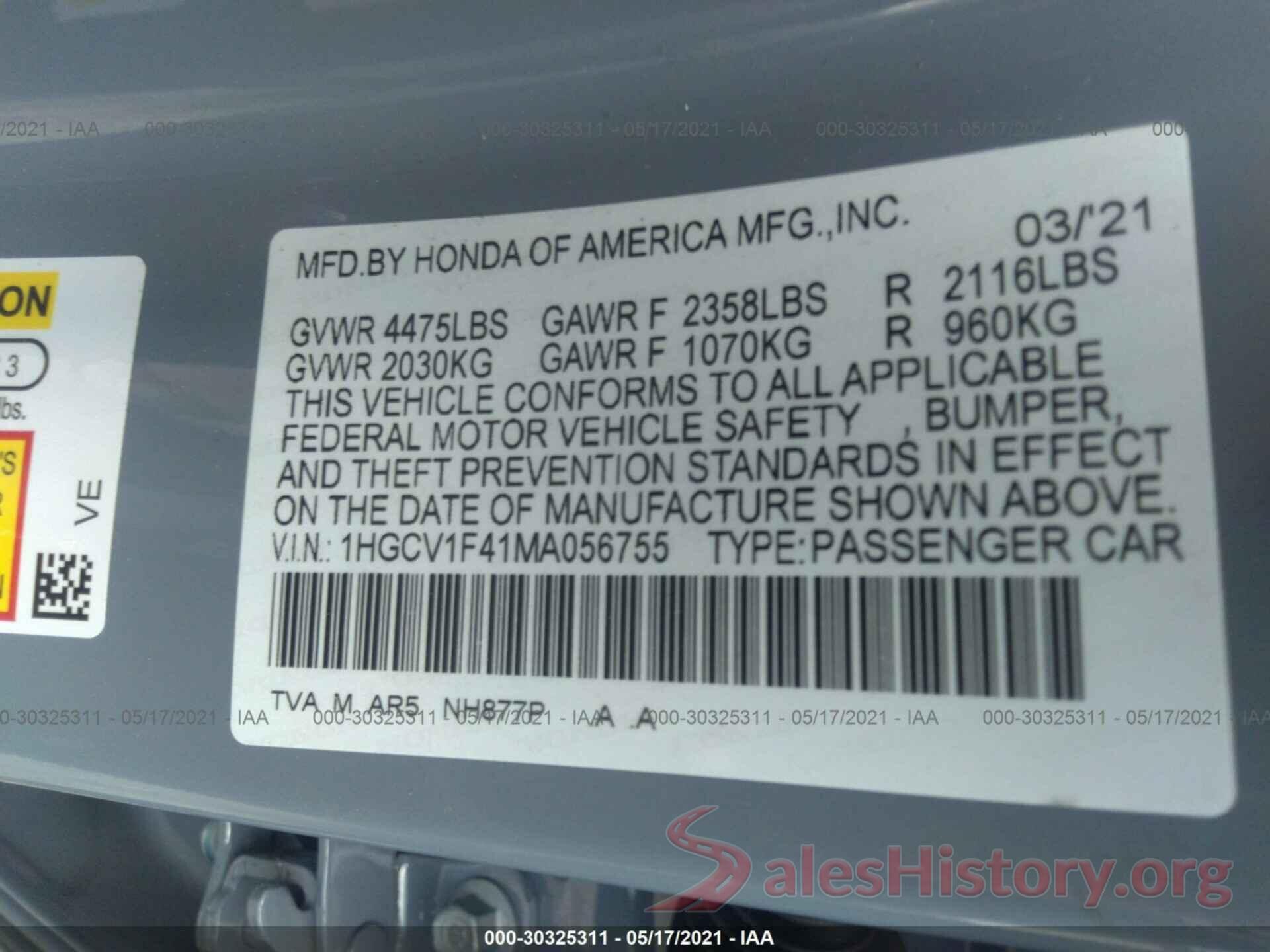 1HGCV1F41MA056755 2021 HONDA ACCORD SEDAN