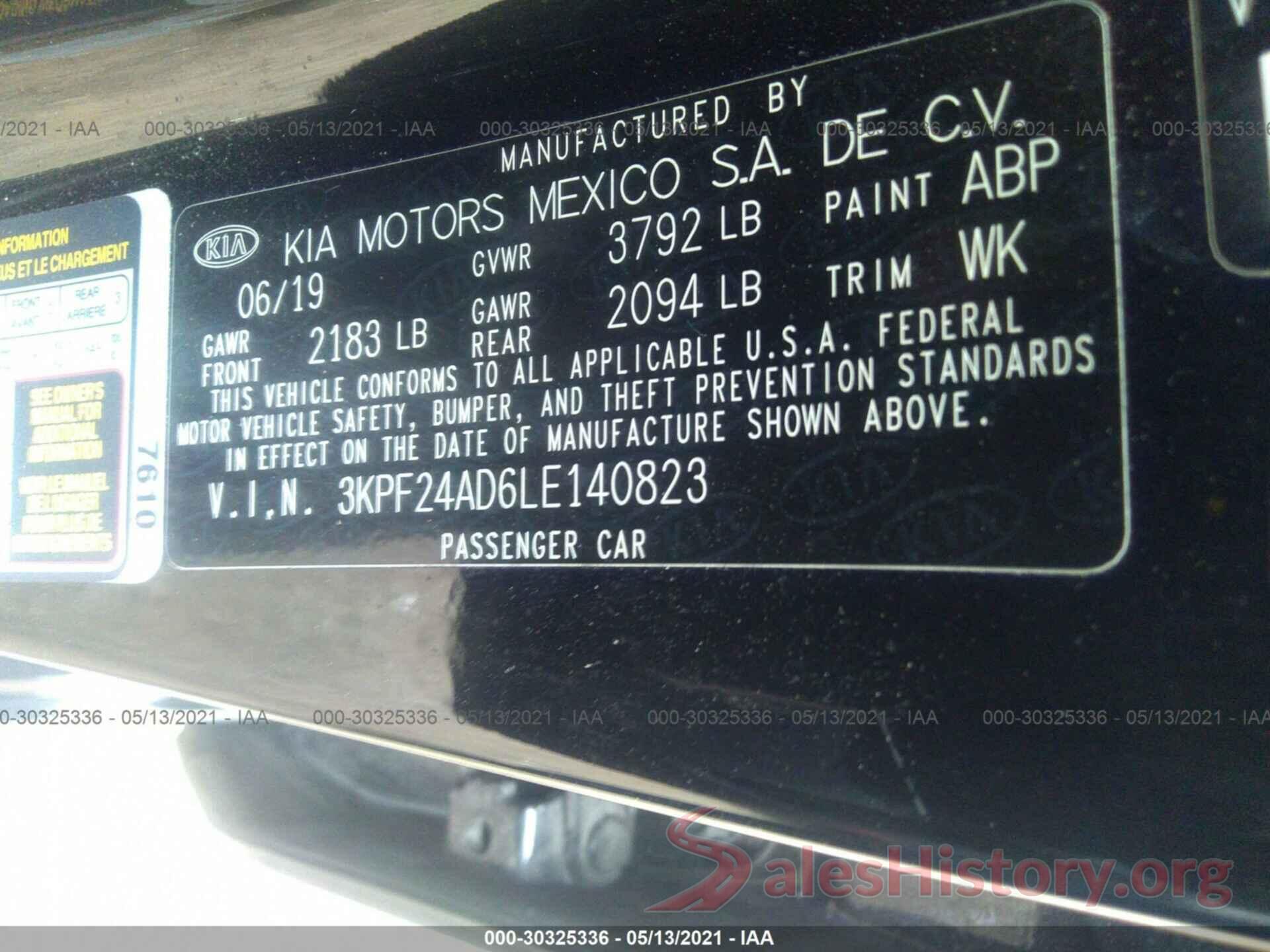 3KPF24AD6LE140823 2020 KIA FORTE