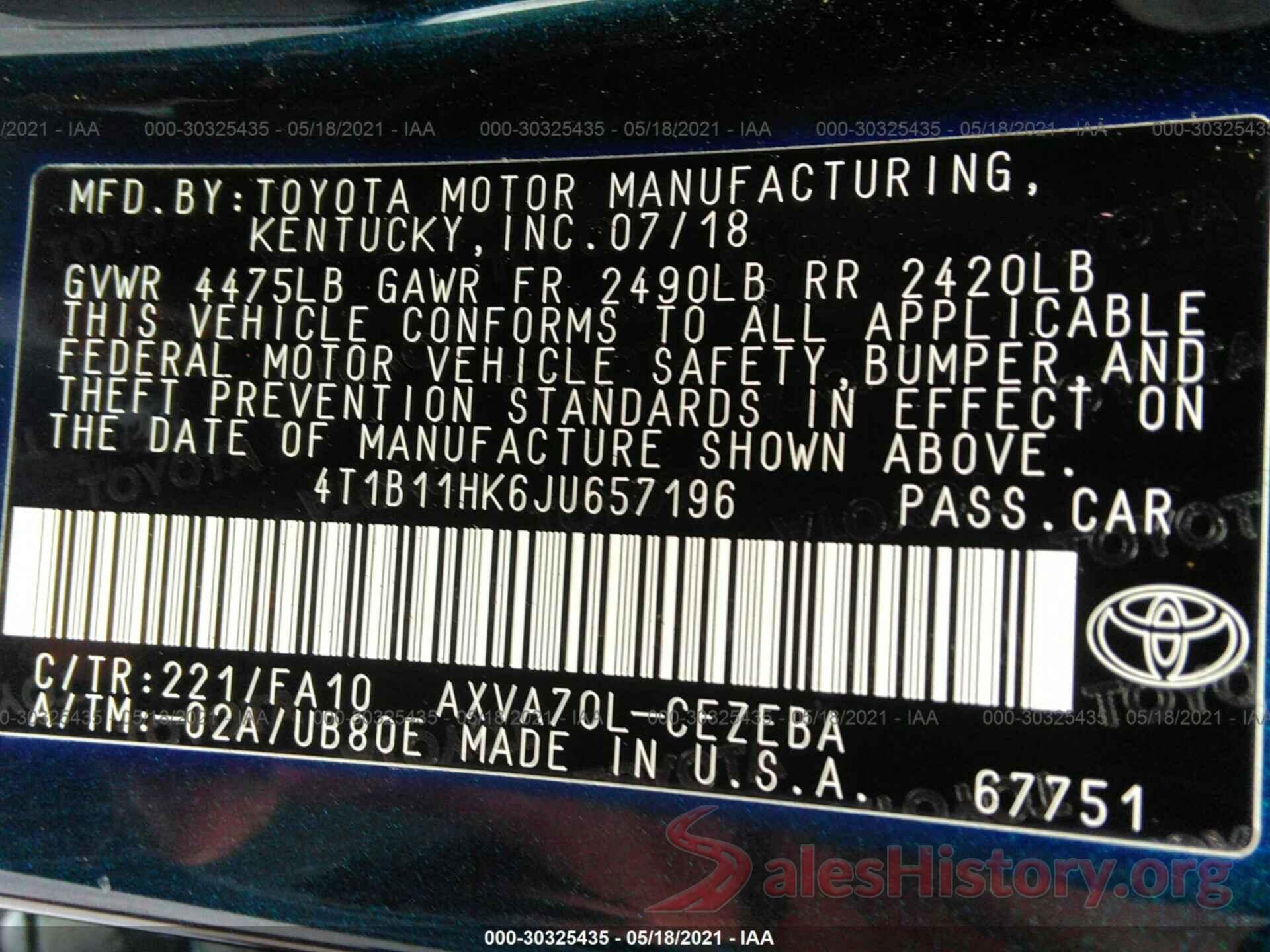 4T1B11HK6JU657196 2018 TOYOTA CAMRY