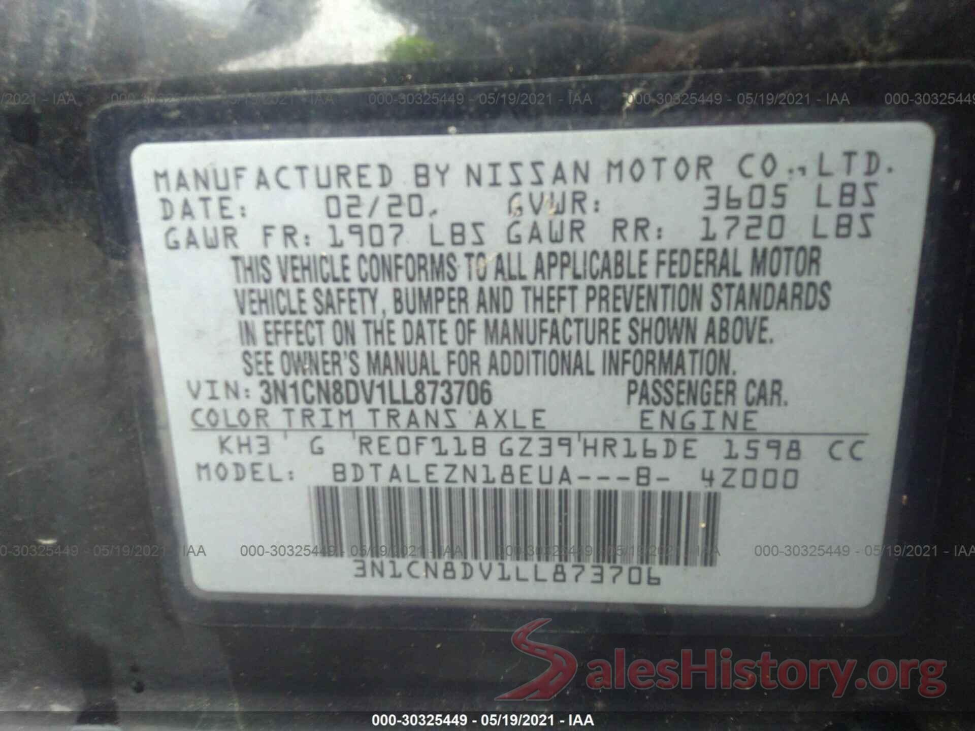 3N1CN8DV1LL873706 2020 NISSAN VERSA