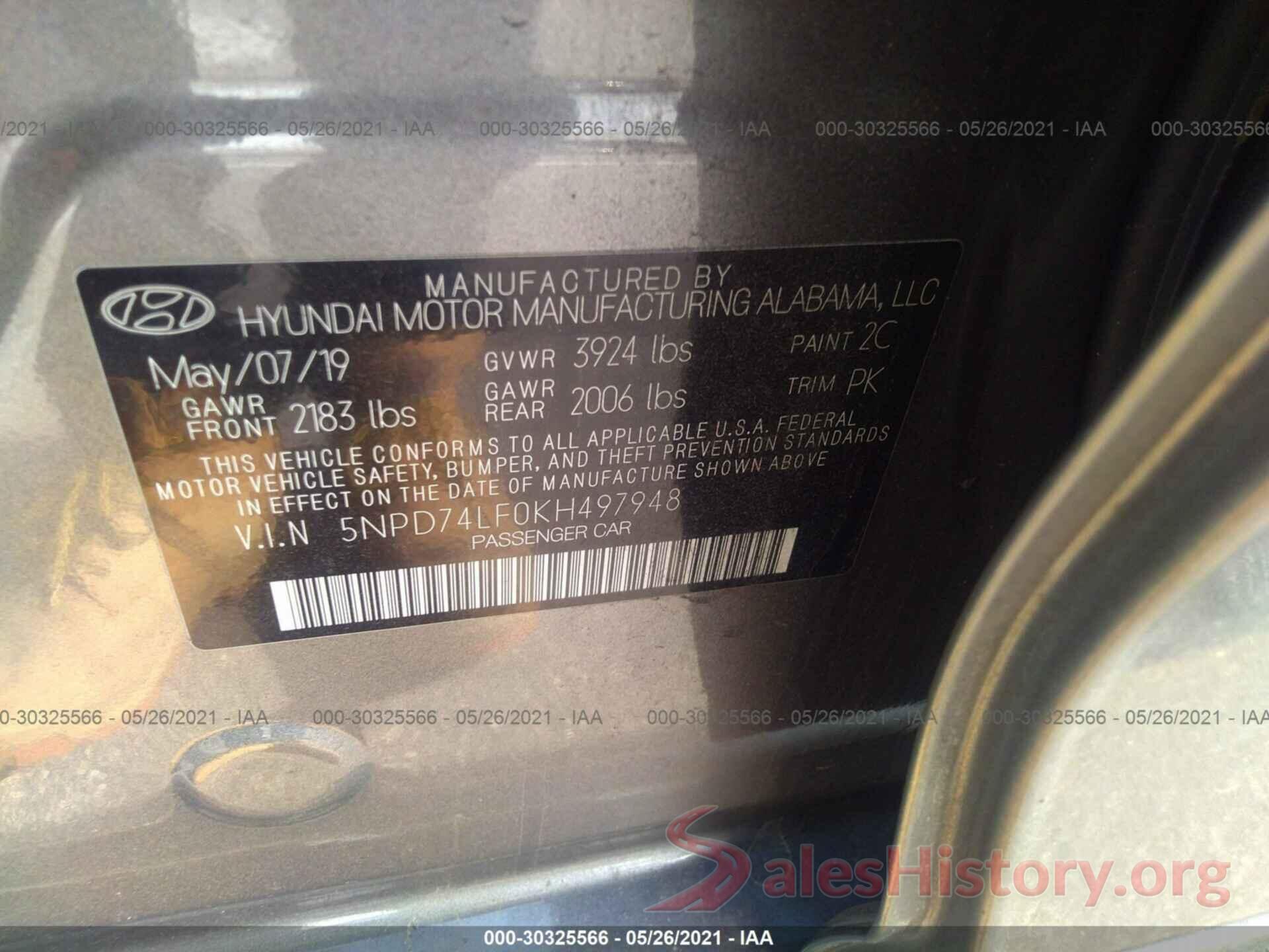 5NPD74LF0KH497948 2019 HYUNDAI ELANTRA