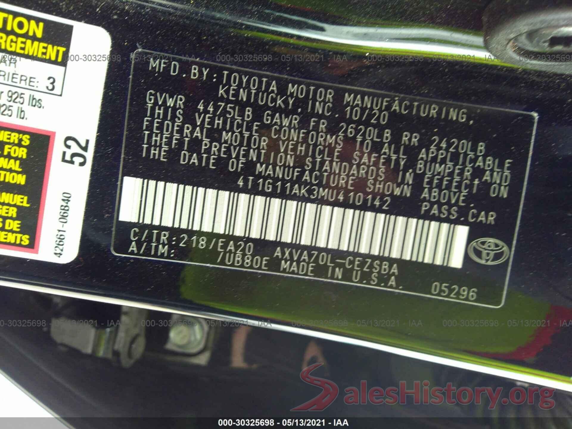 4T1G11AK3MU410142 2021 TOYOTA CAMRY