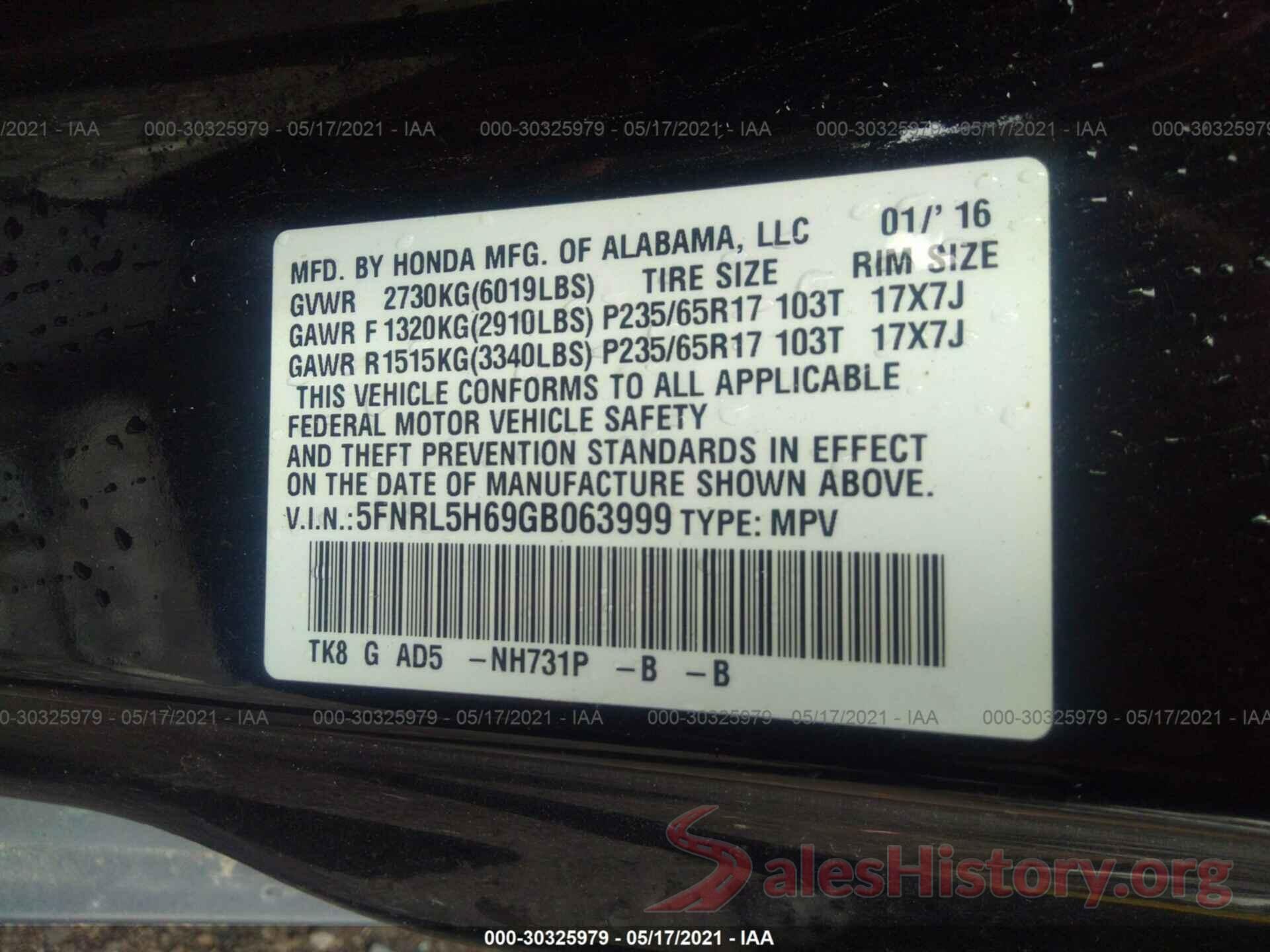 5FNRL5H69GB063999 2016 HONDA ODYSSEY