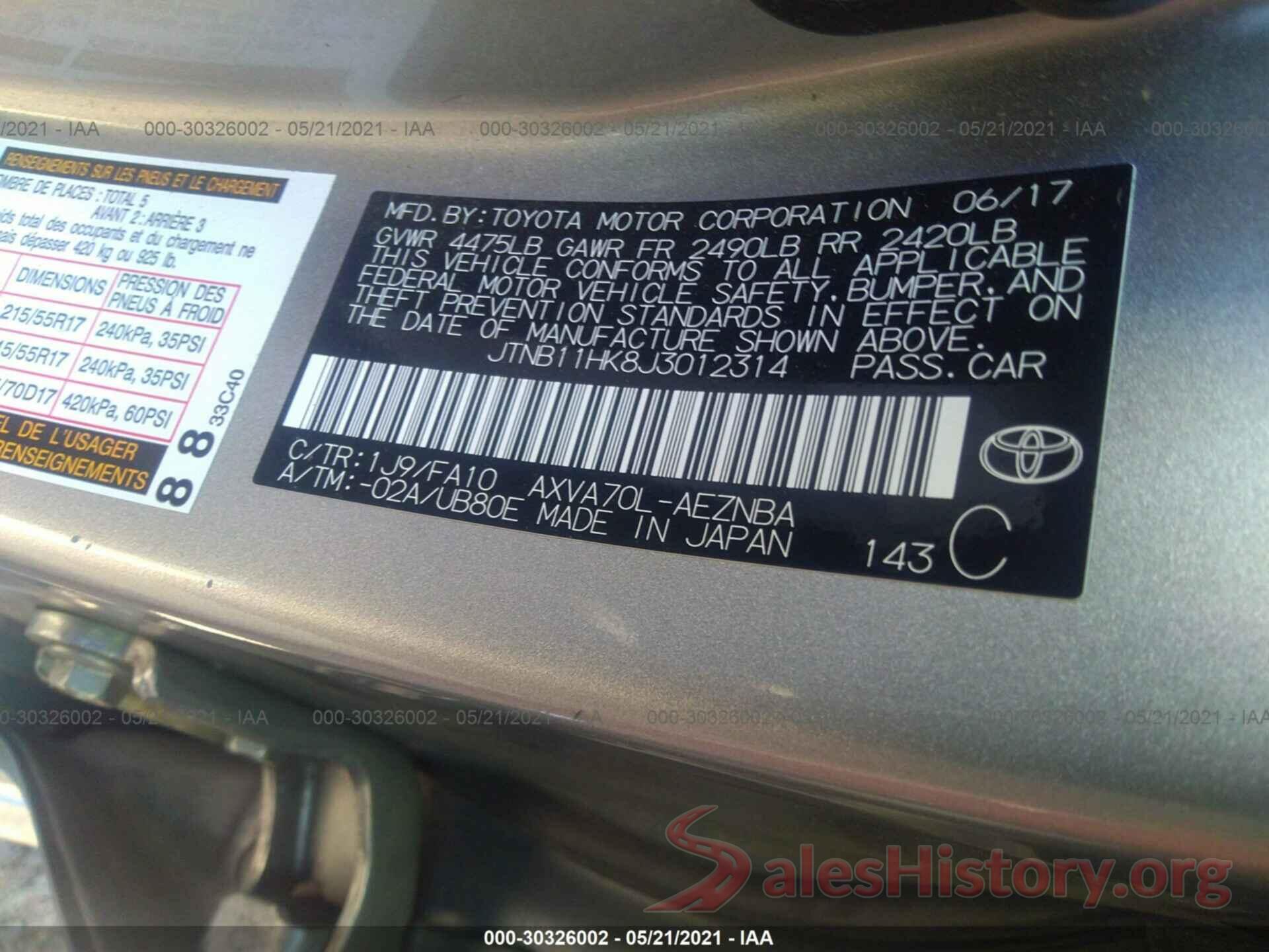 JTNB11HK8J3012314 2018 TOYOTA CAMRY