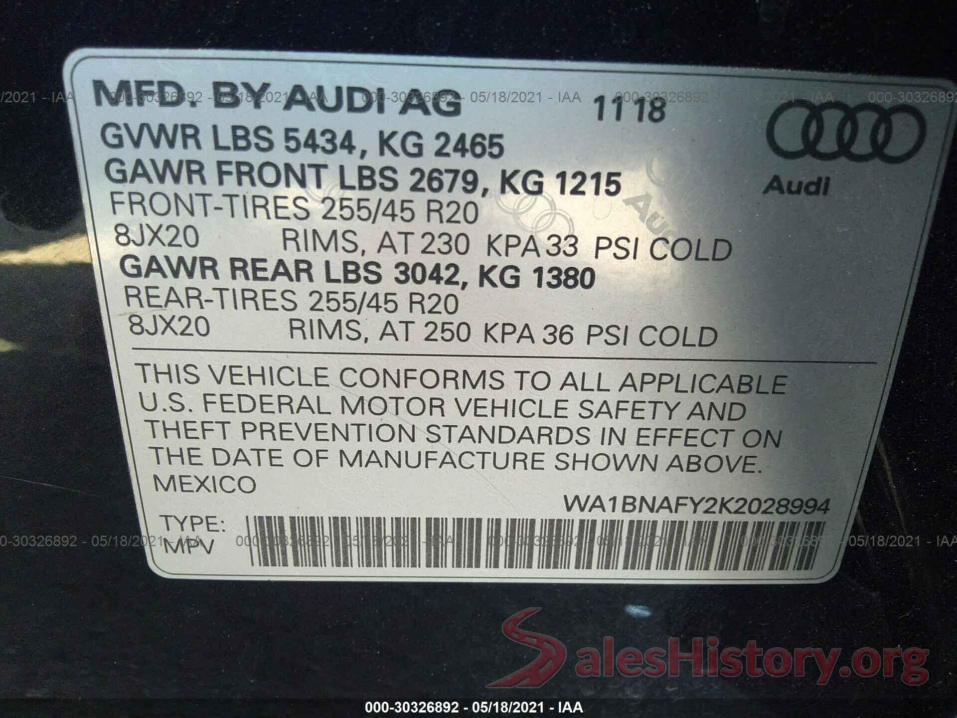 WA1BNAFY2K2028994 2019 AUDI Q5