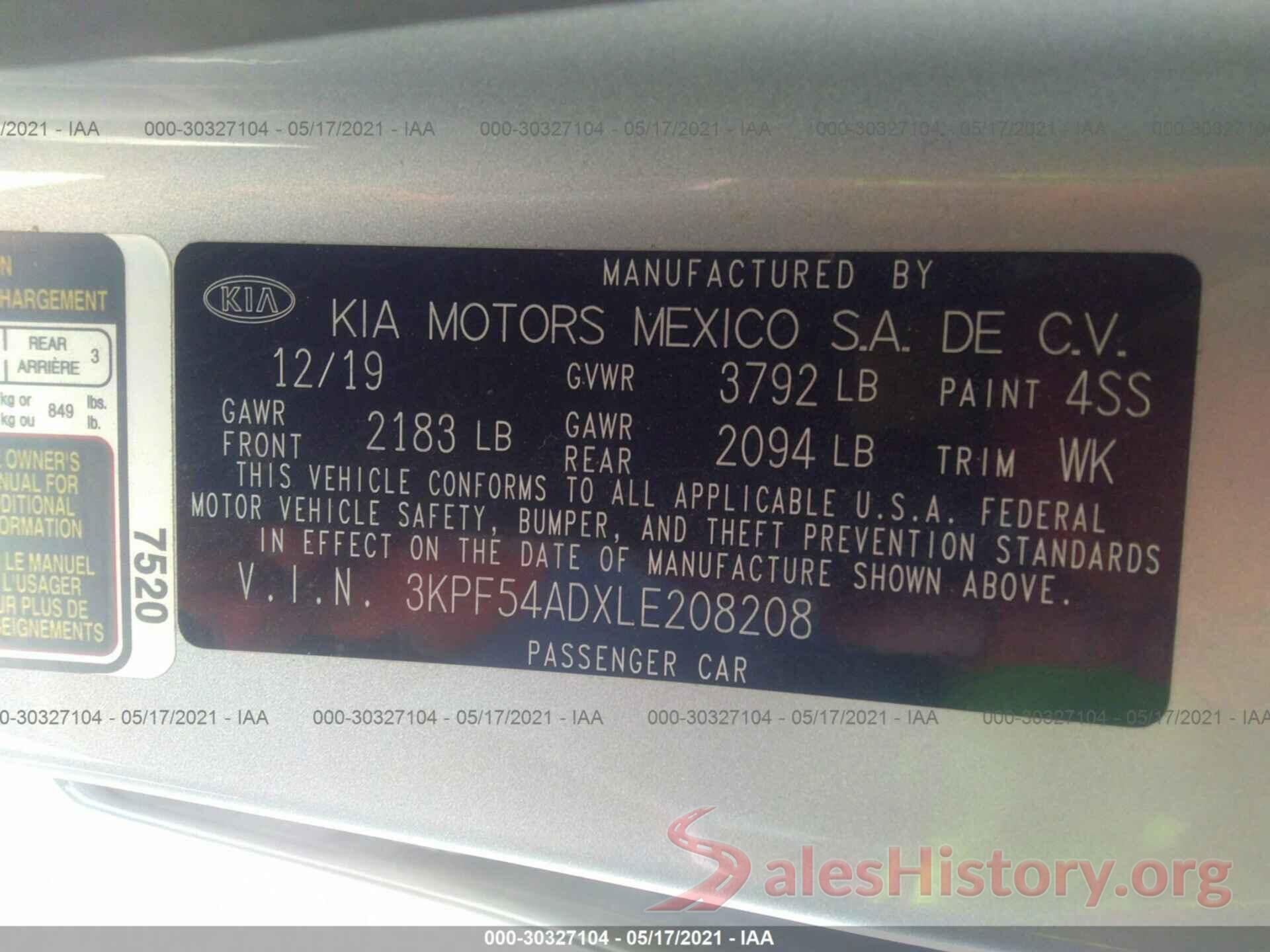 3KPF54ADXLE208208 2020 KIA FORTE