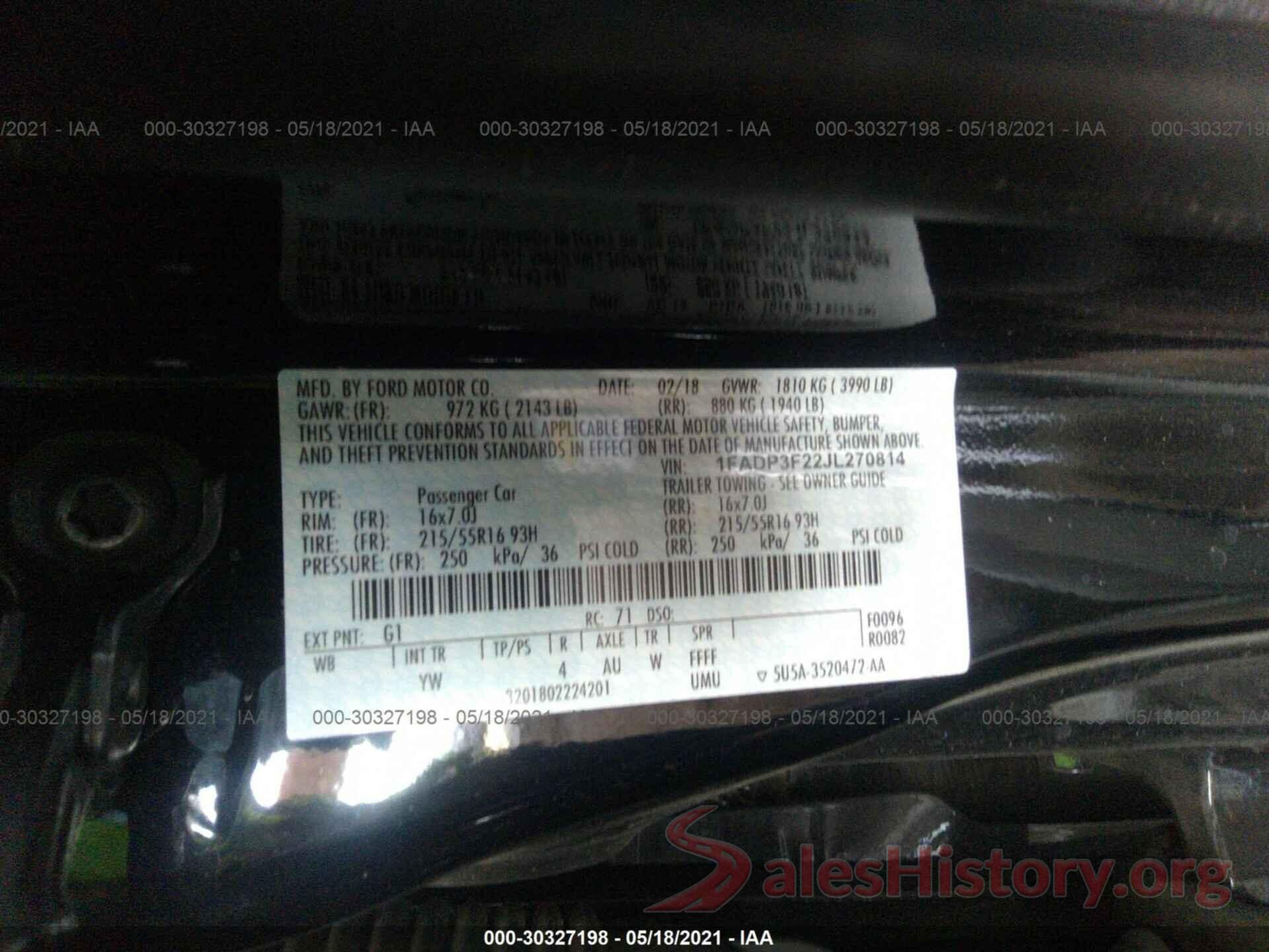 1FADP3F22JL270814 2018 FORD FOCUS