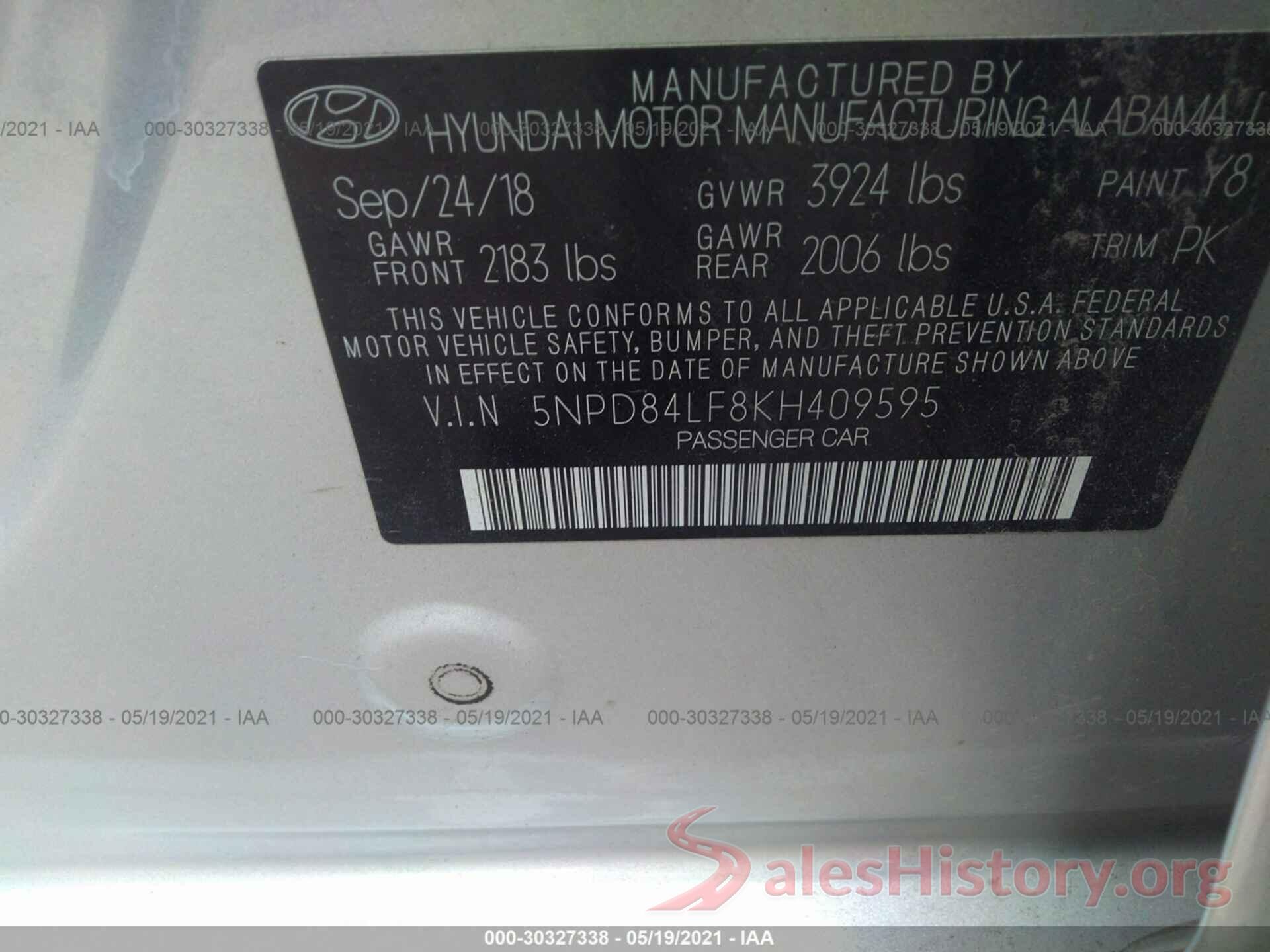 5NPD84LF8KH409595 2019 HYUNDAI ELANTRA