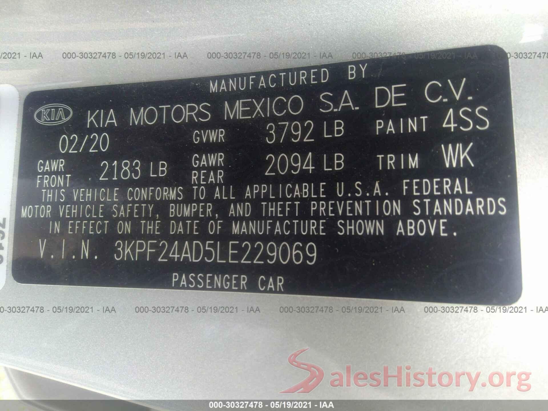 3KPF24AD5LE229069 2020 KIA FORTE