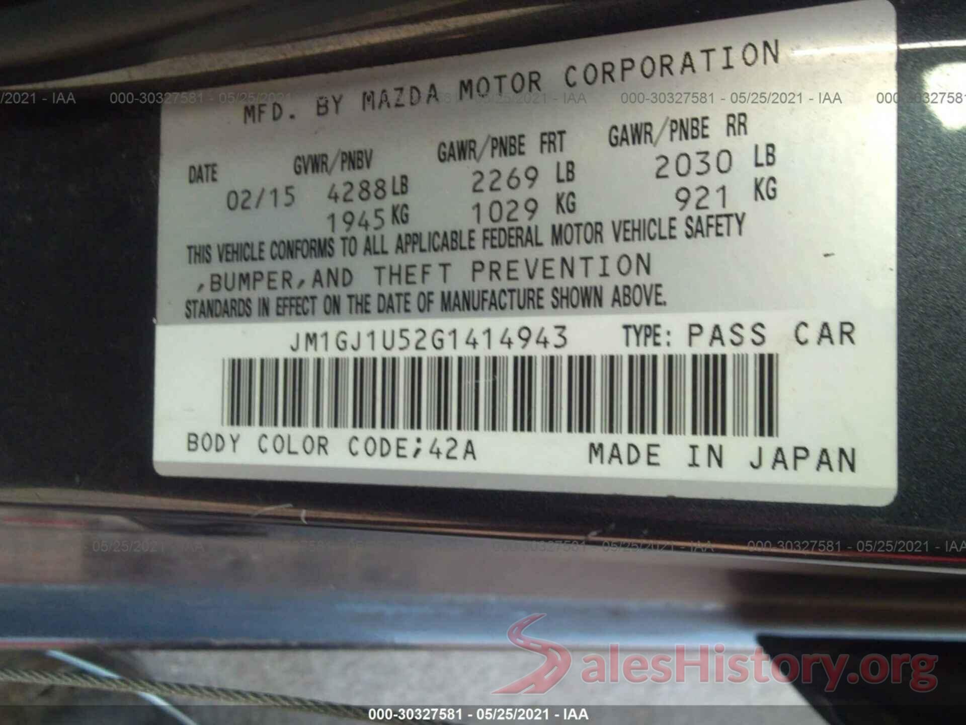 JM1GJ1U52G1414943 2016 MAZDA MAZDA6