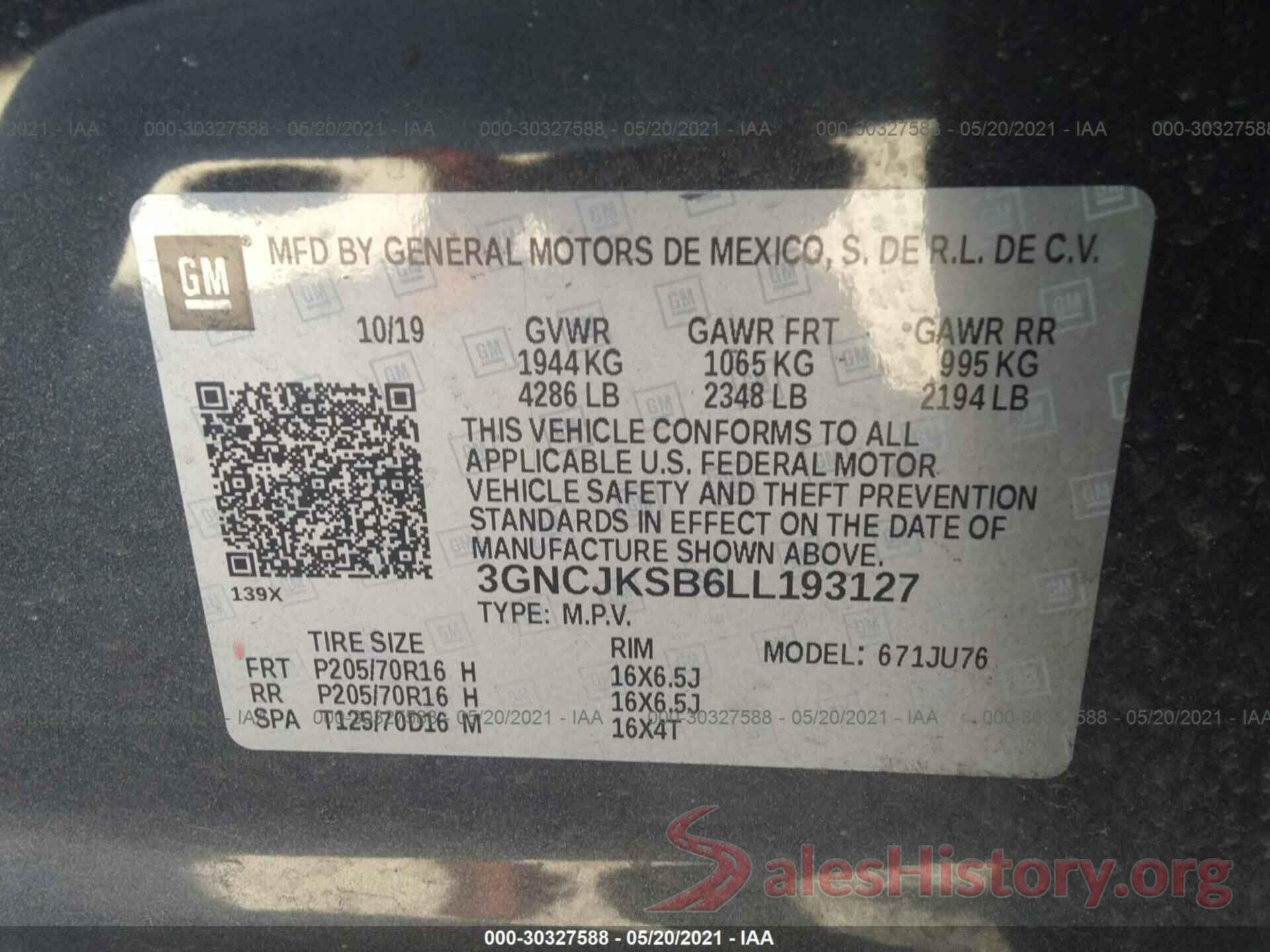 3GNCJKSB6LL193127 2020 CHEVROLET TRAX