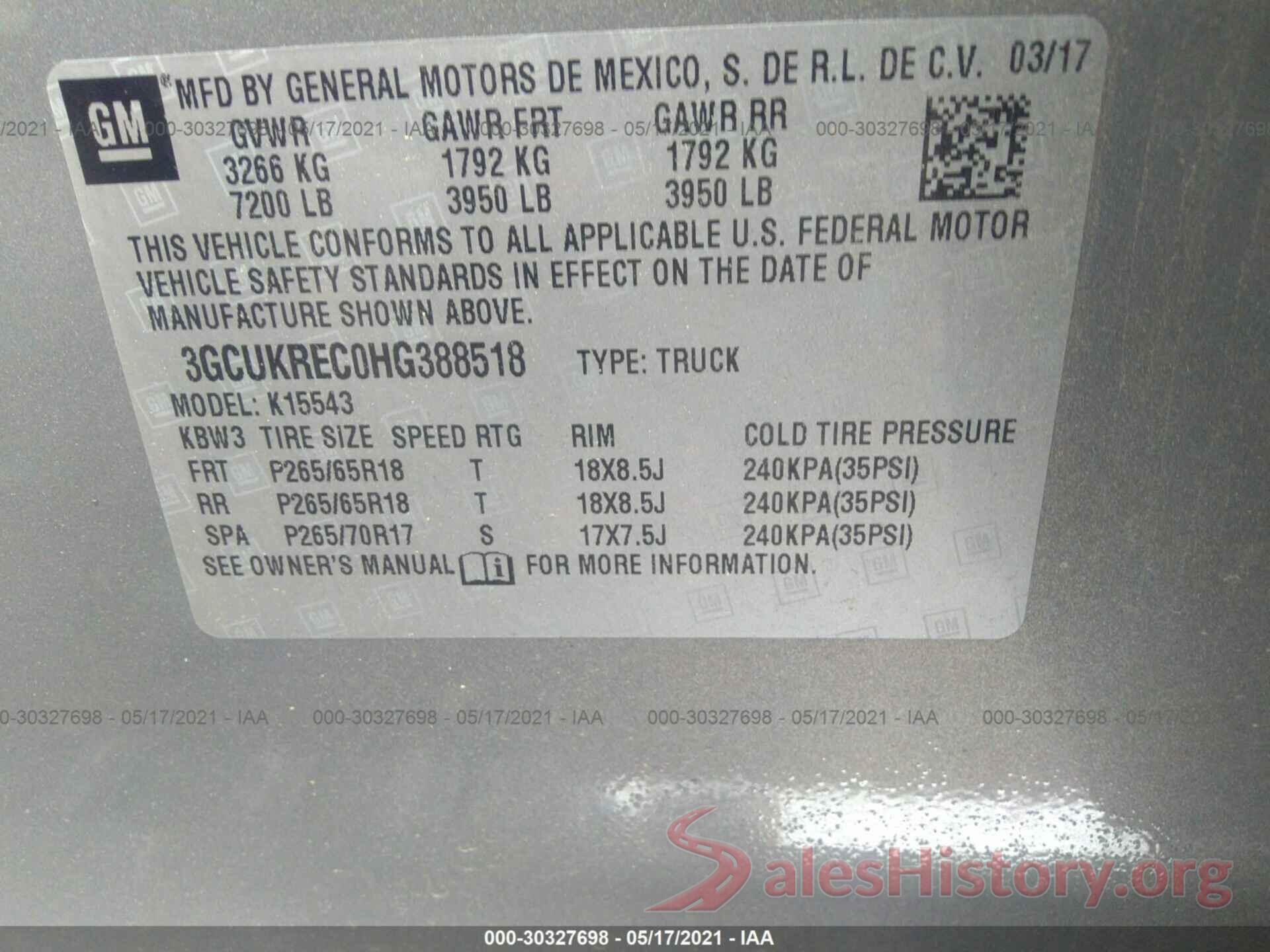 3GCUKREC0HG388518 2017 CHEVROLET SILVERADO 1500