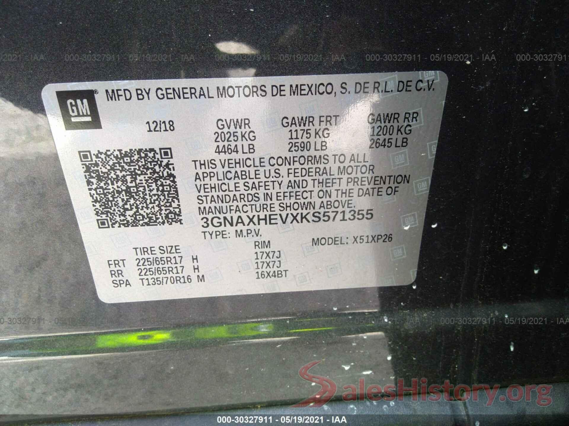 3GNAXHEVXKS571355 2019 CHEVROLET EQUINOX