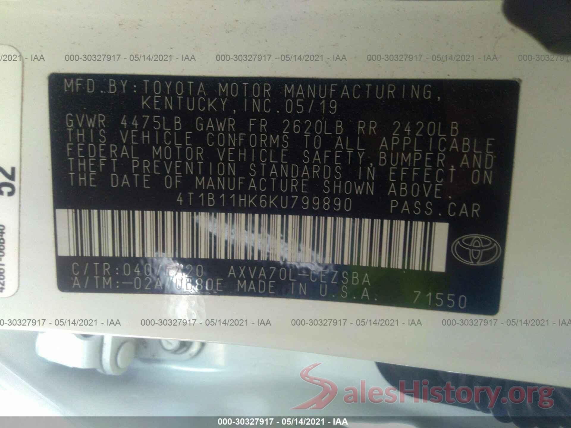 4T1B11HK6KU799890 2019 TOYOTA CAMRY