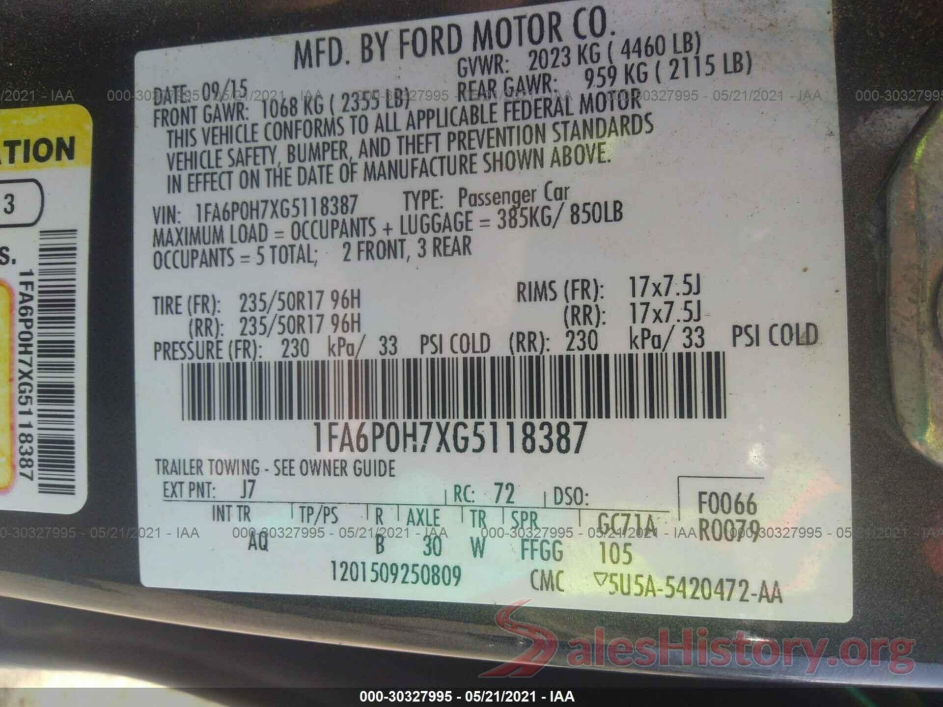 1FA6P0H7XG5118387 2016 FORD FUSION