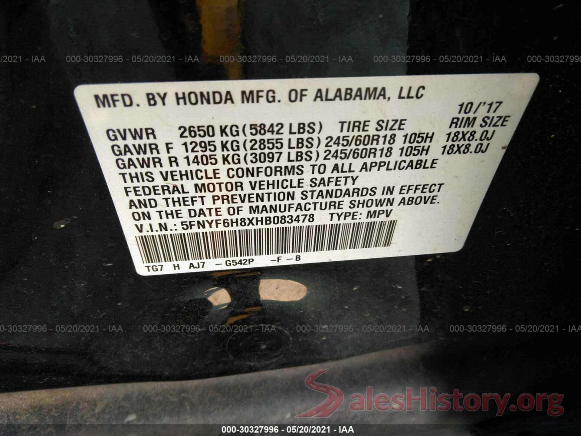 5FNYF6H8XHB083478 2017 HONDA PILOT