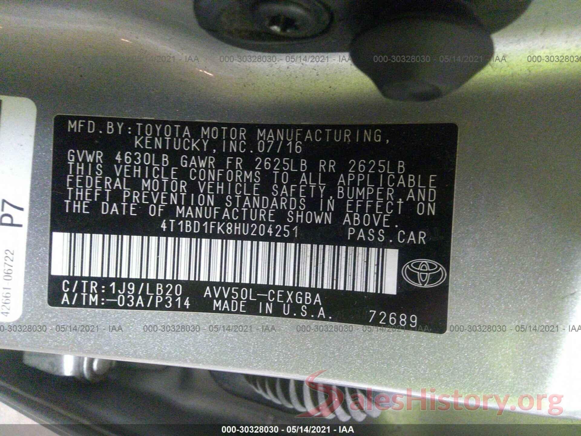 4T1BD1FK8HU204251 2017 TOYOTA CAMRY