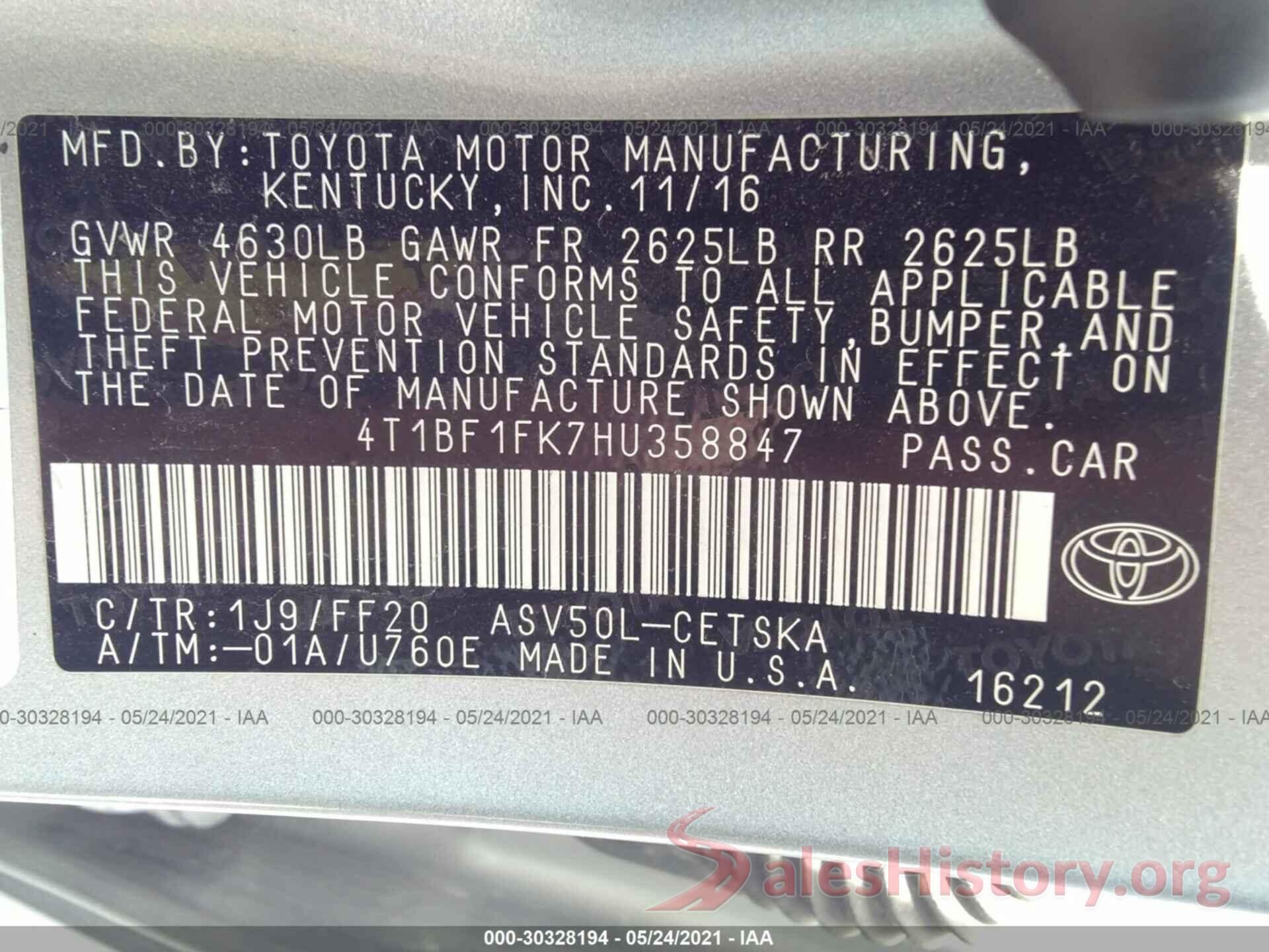 4T1BF1FK7HU358847 2017 TOYOTA CAMRY