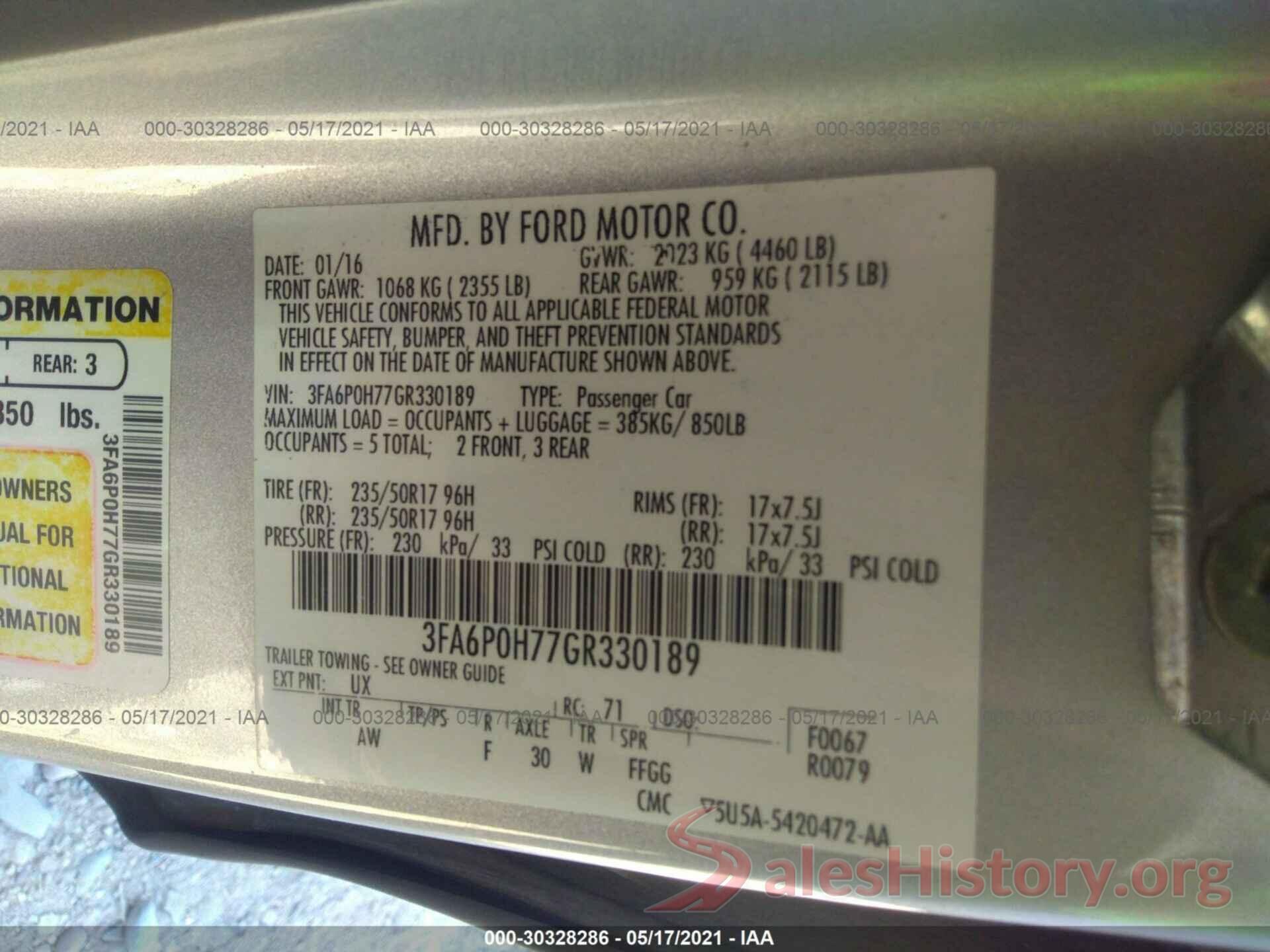 3FA6P0H77GR330189 2016 FORD FUSION