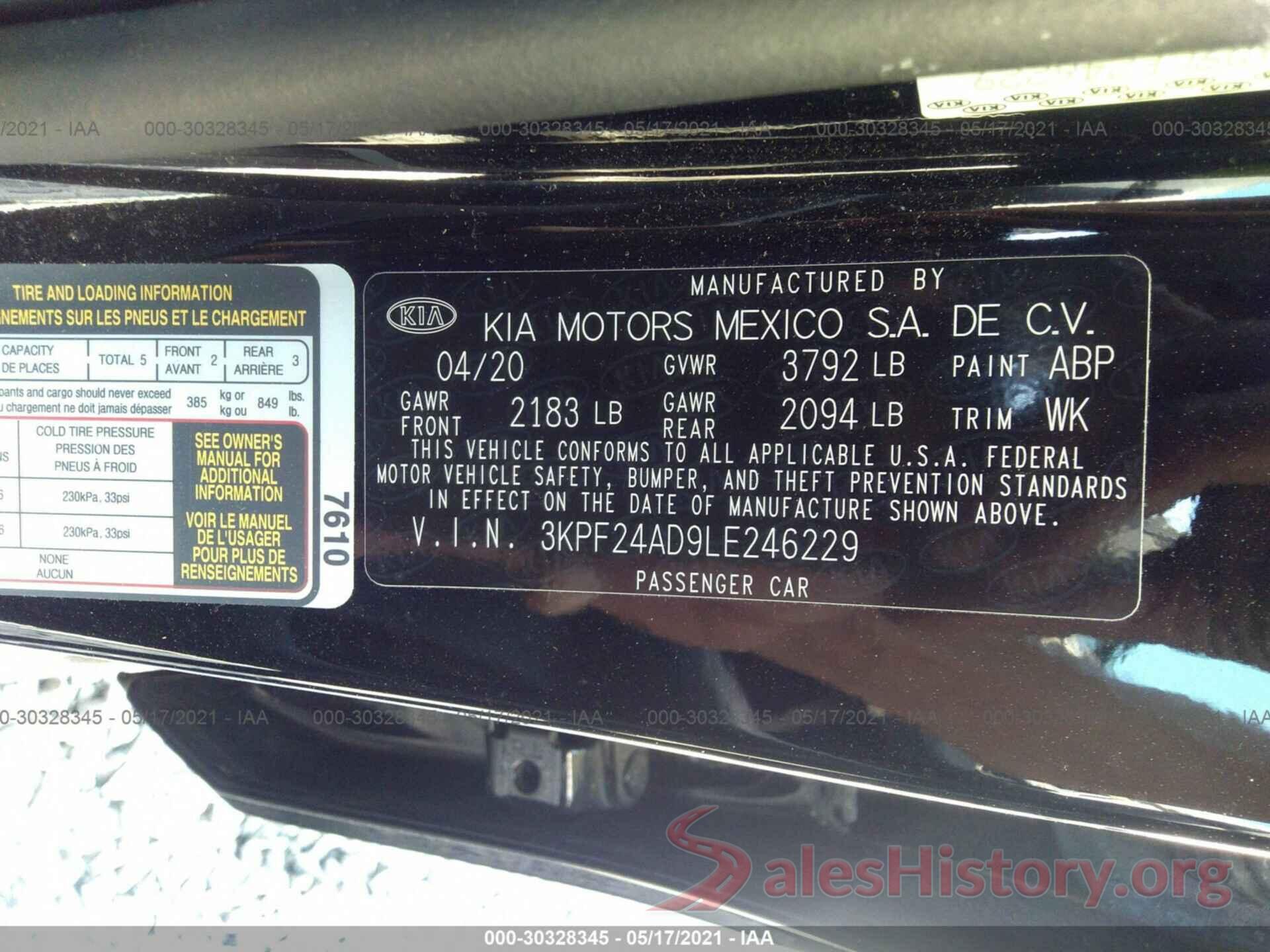 3KPF24AD9LE246229 2020 KIA FORTE