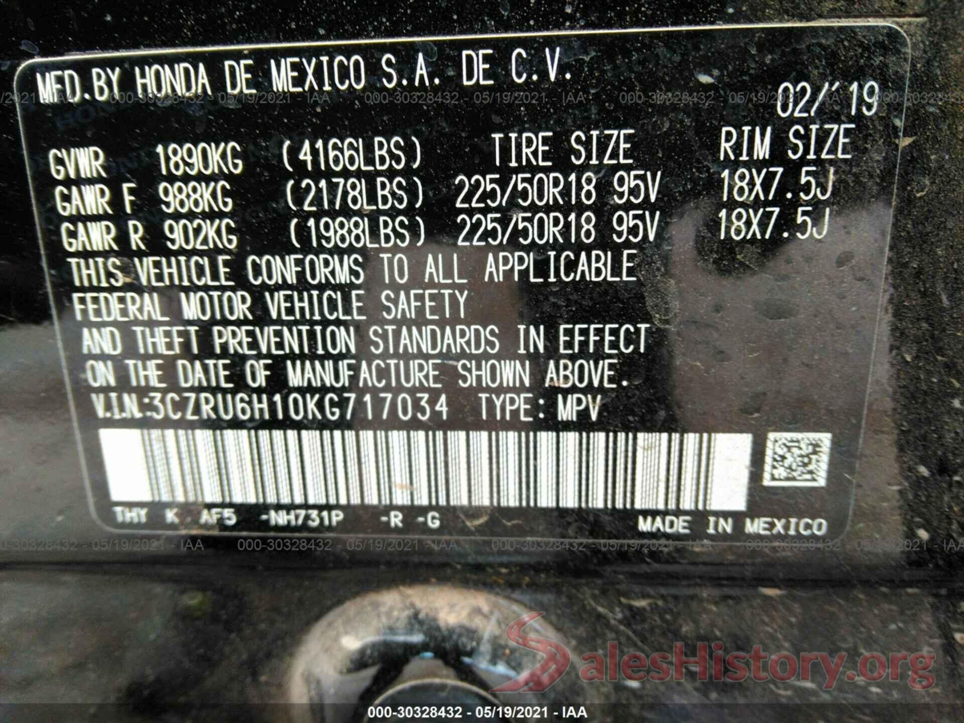 3CZRU6H10KG717034 2019 HONDA HR-V