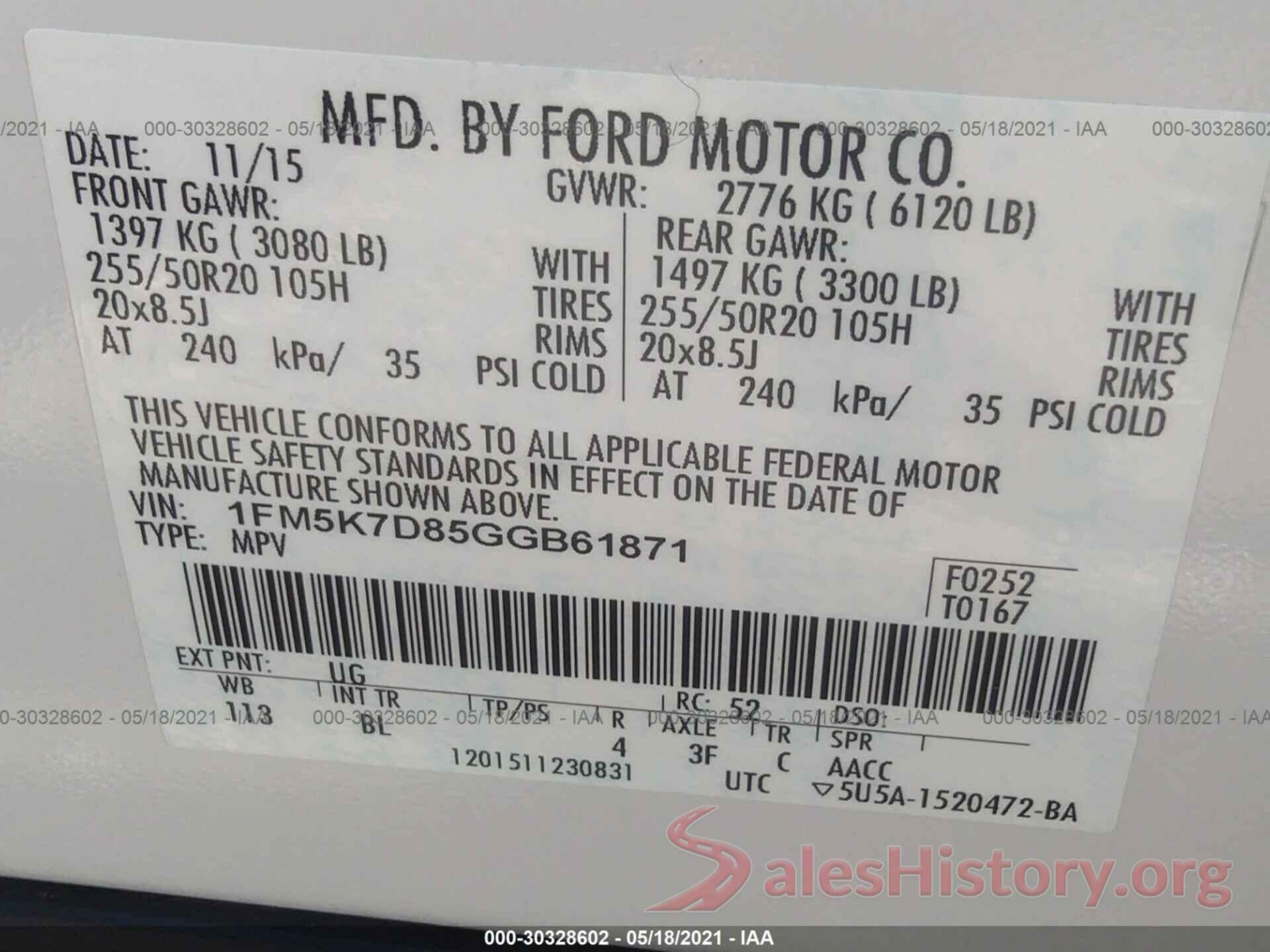 1FM5K7D85GGB61871 2016 FORD EXPLORER