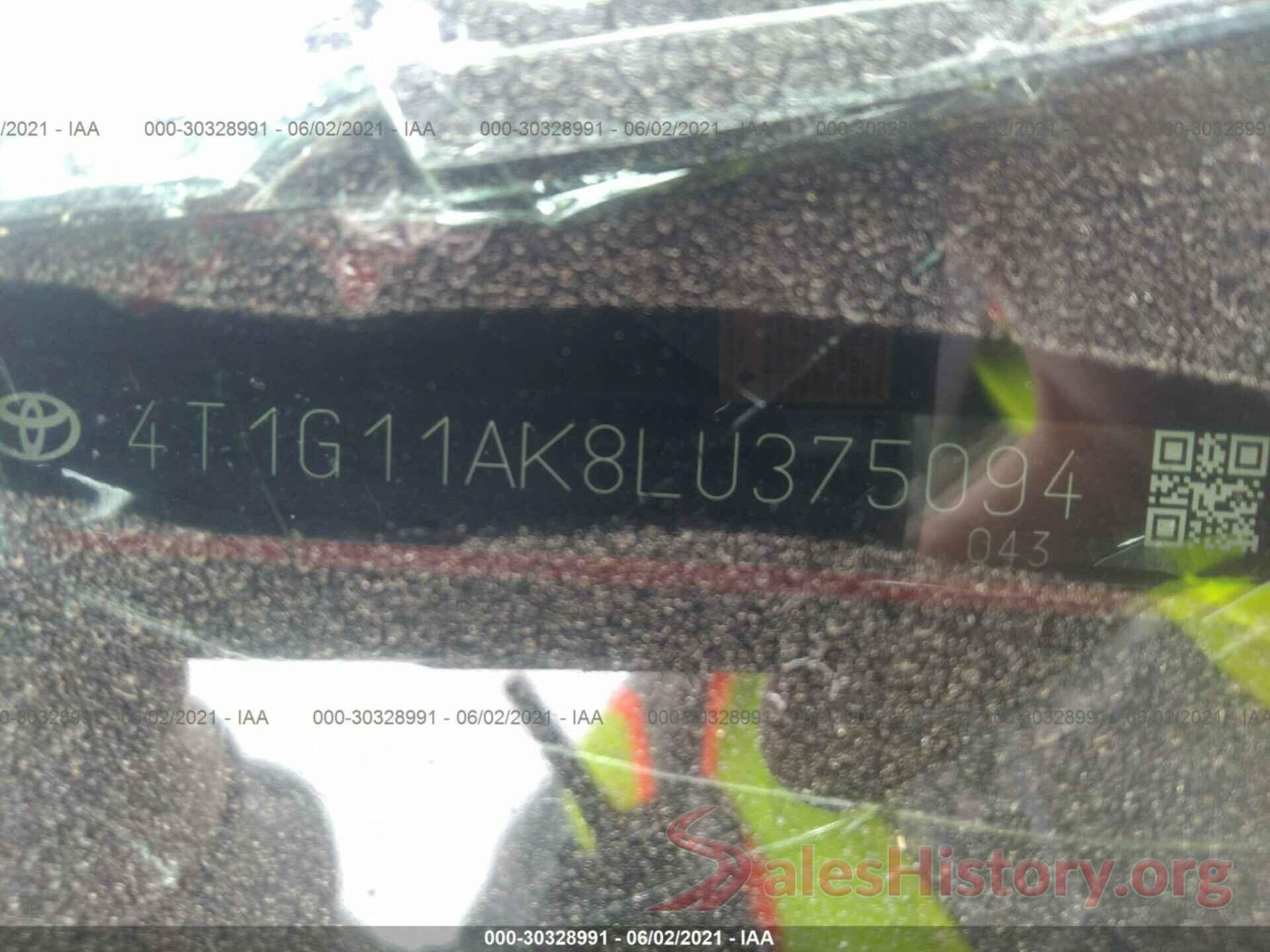 4T1G11AK8LU375094 2020 TOYOTA CAMRY