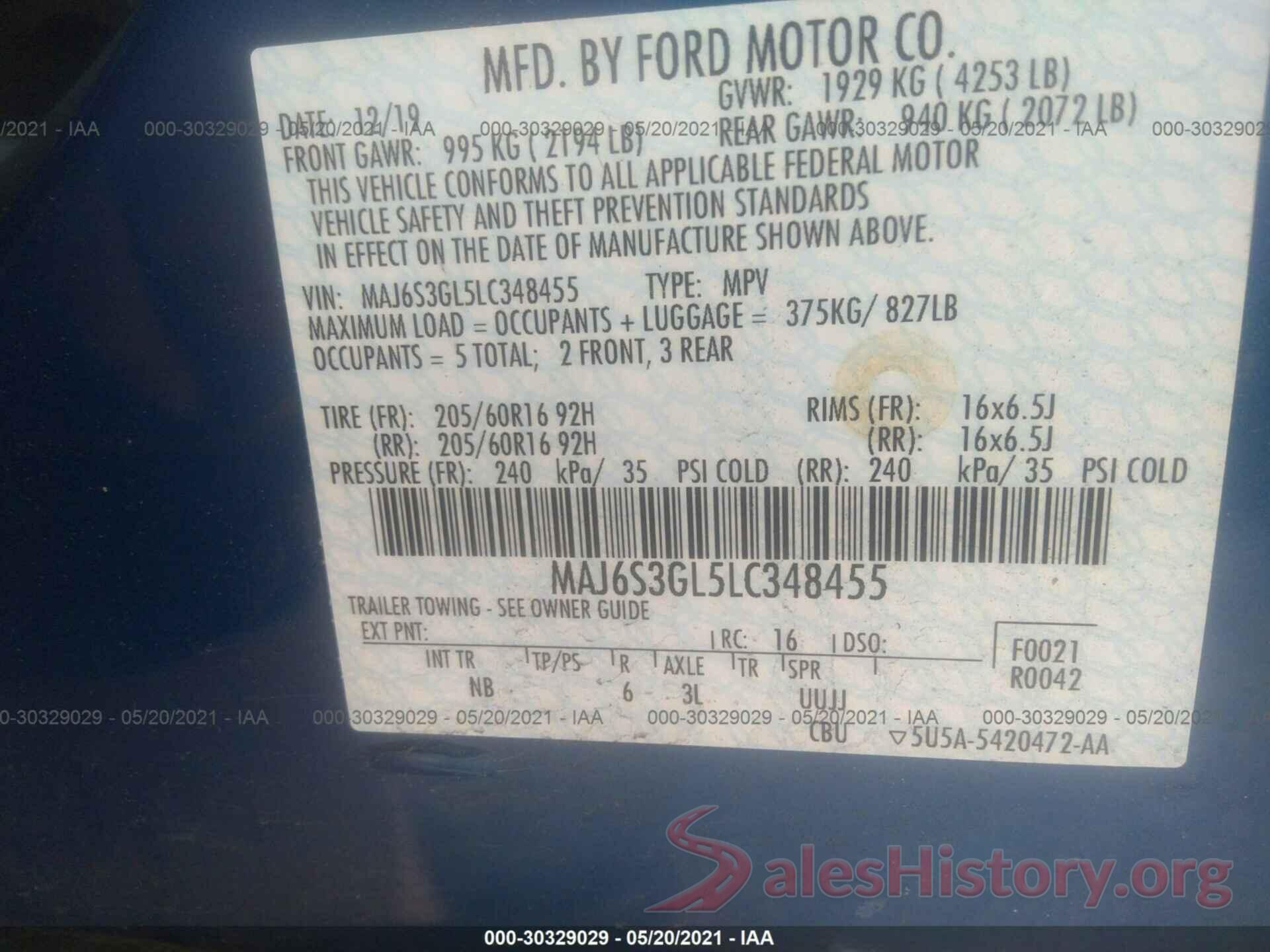 MAJ6S3GL5LC348455 2020 FORD ECOSPORT