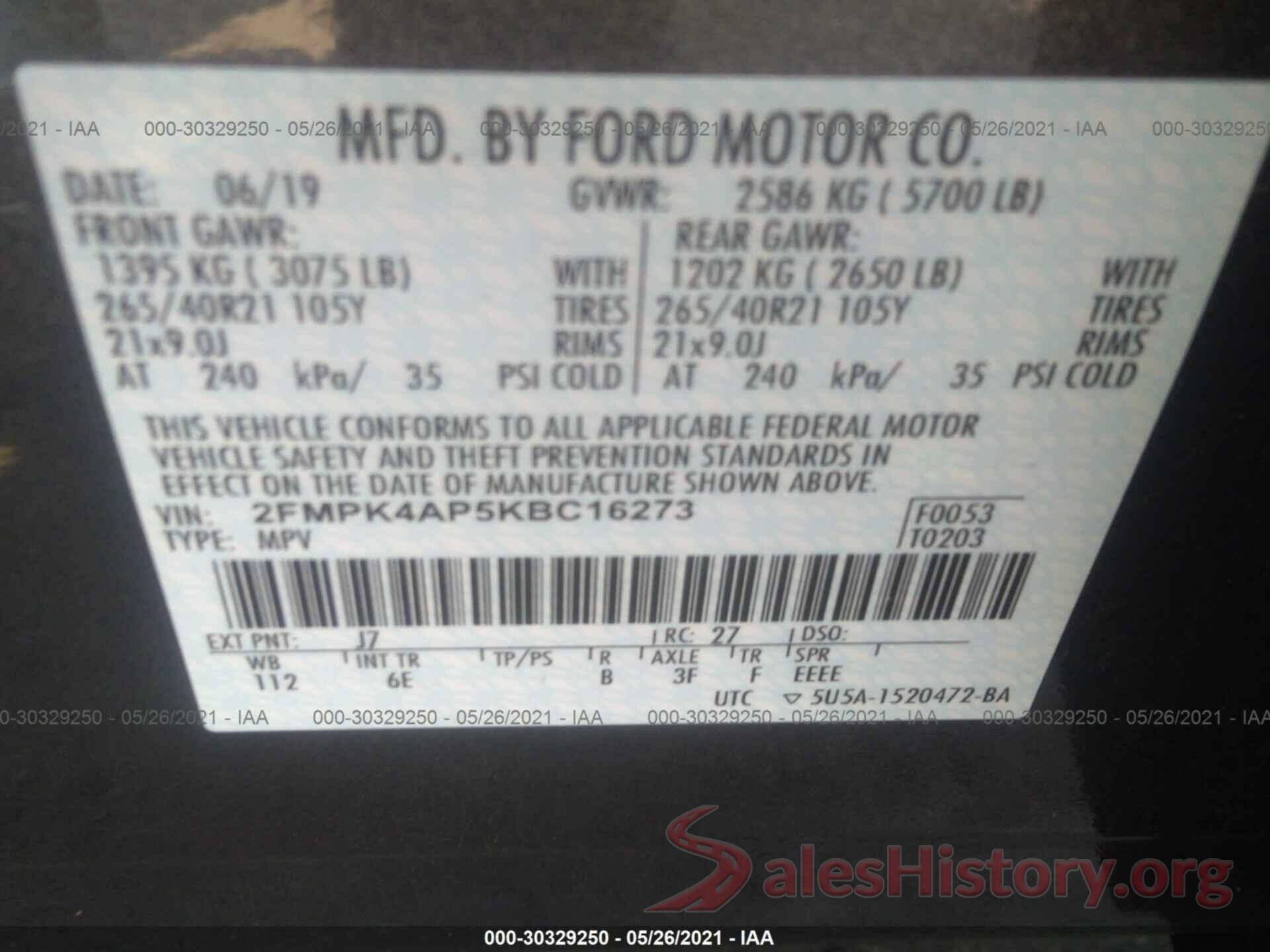 2FMPK4AP5KBC16273 2019 FORD EDGE