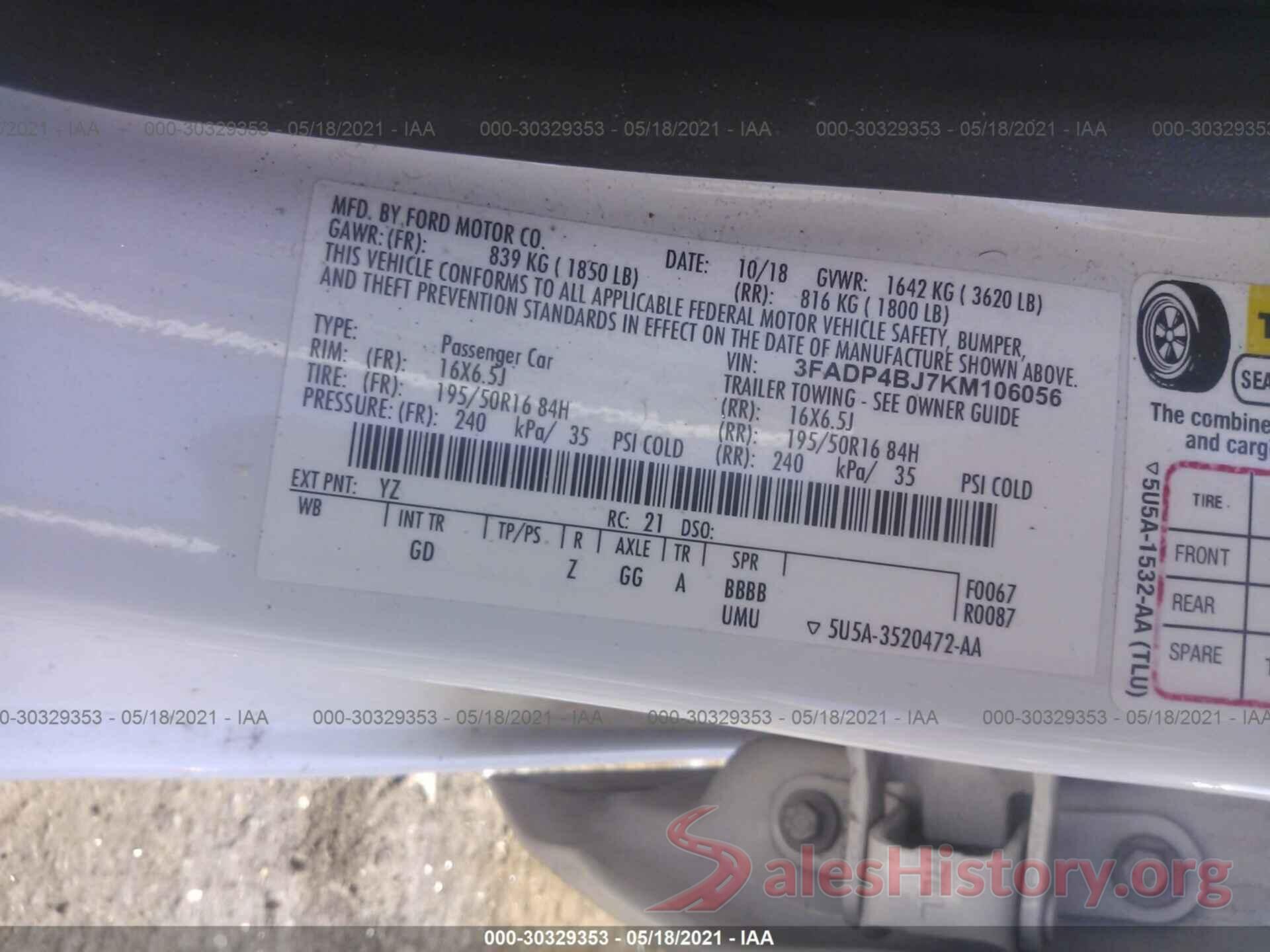 3FADP4BJ7KM106056 2019 FORD FIESTA