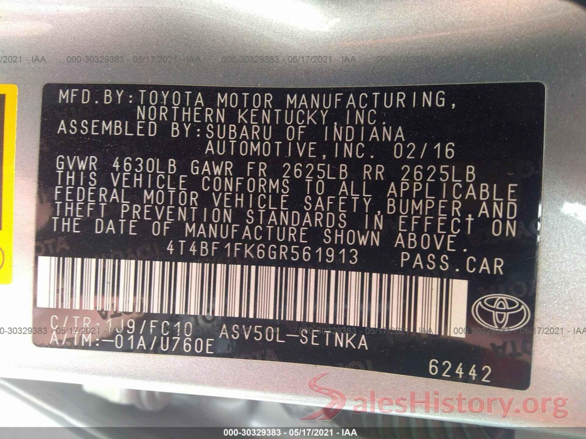 4T4BF1FK6GR561913 2016 TOYOTA CAMRY