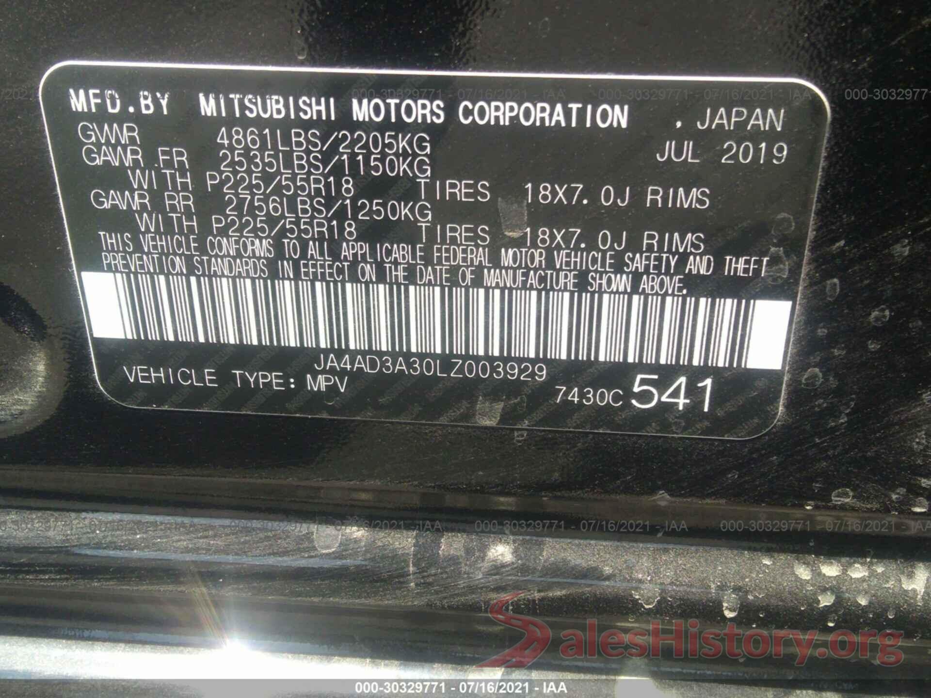 JA4AD3A30LZ003929 2020 MITSUBISHI OUTLANDER