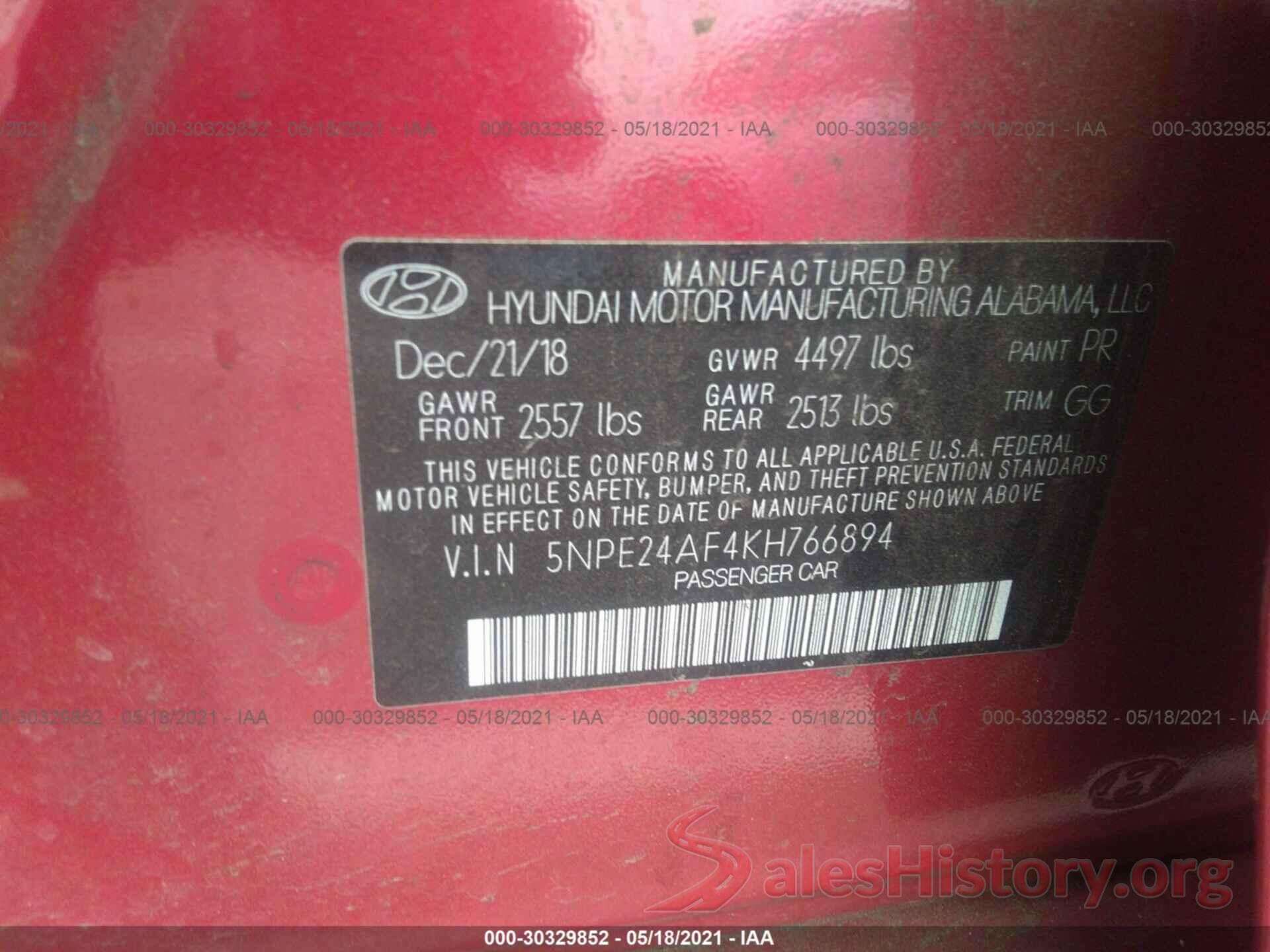 5NPE24AF4KH766894 2019 HYUNDAI SONATA