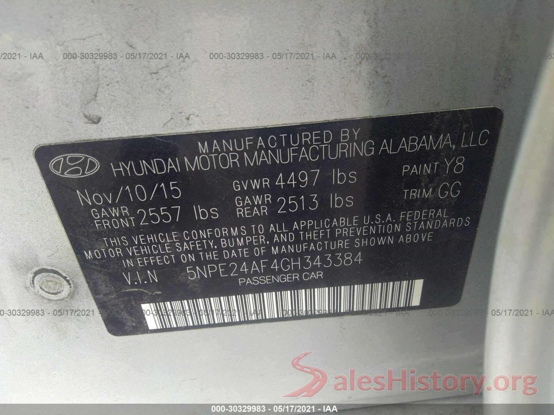 5NPE24AF4GH343384 2016 HYUNDAI SONATA